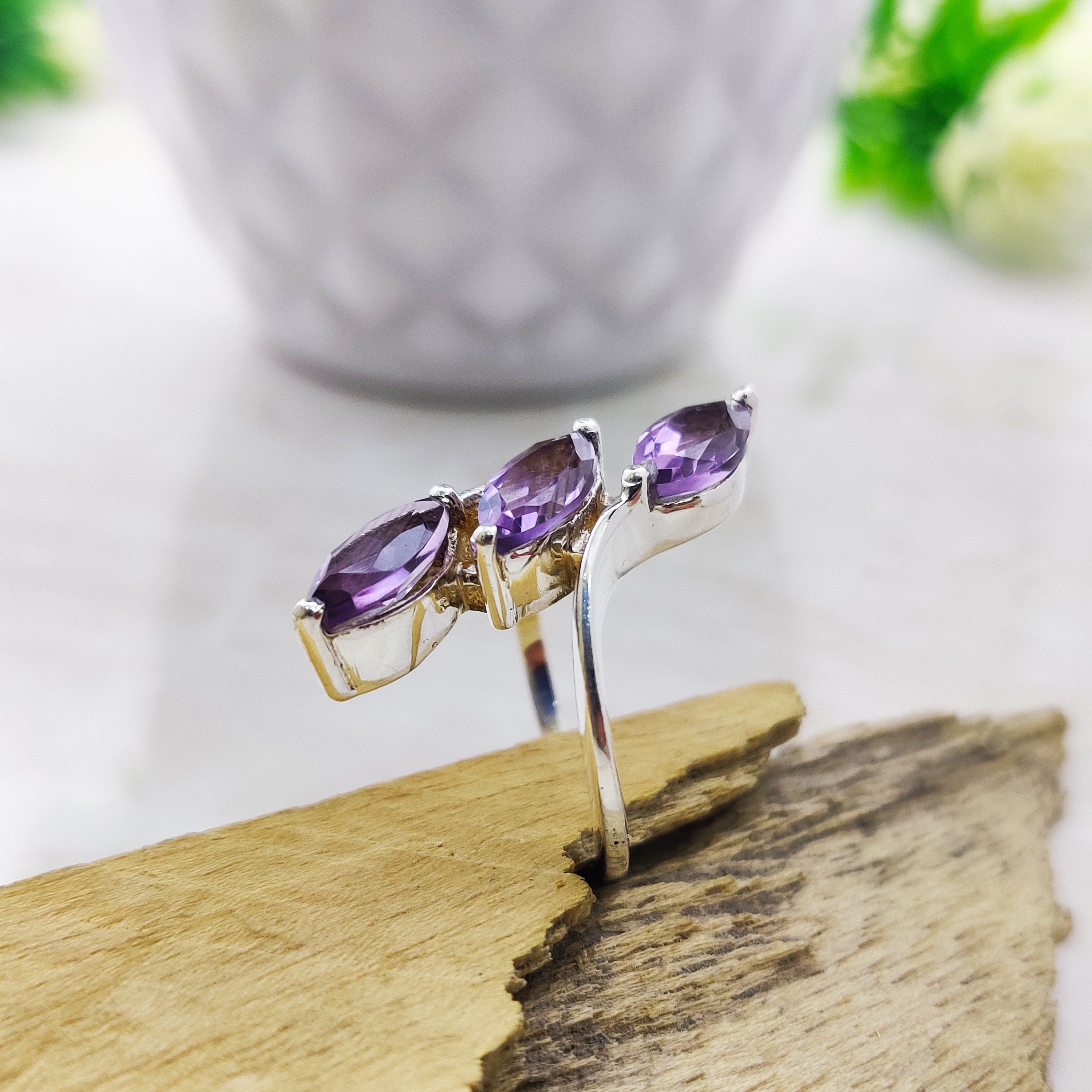 February Birthstone Ring Natural Amethyst Marquise Sterling Silver Boho Ring, 925 Sterling Solid Silver Ring-Purple Color Stone Ring