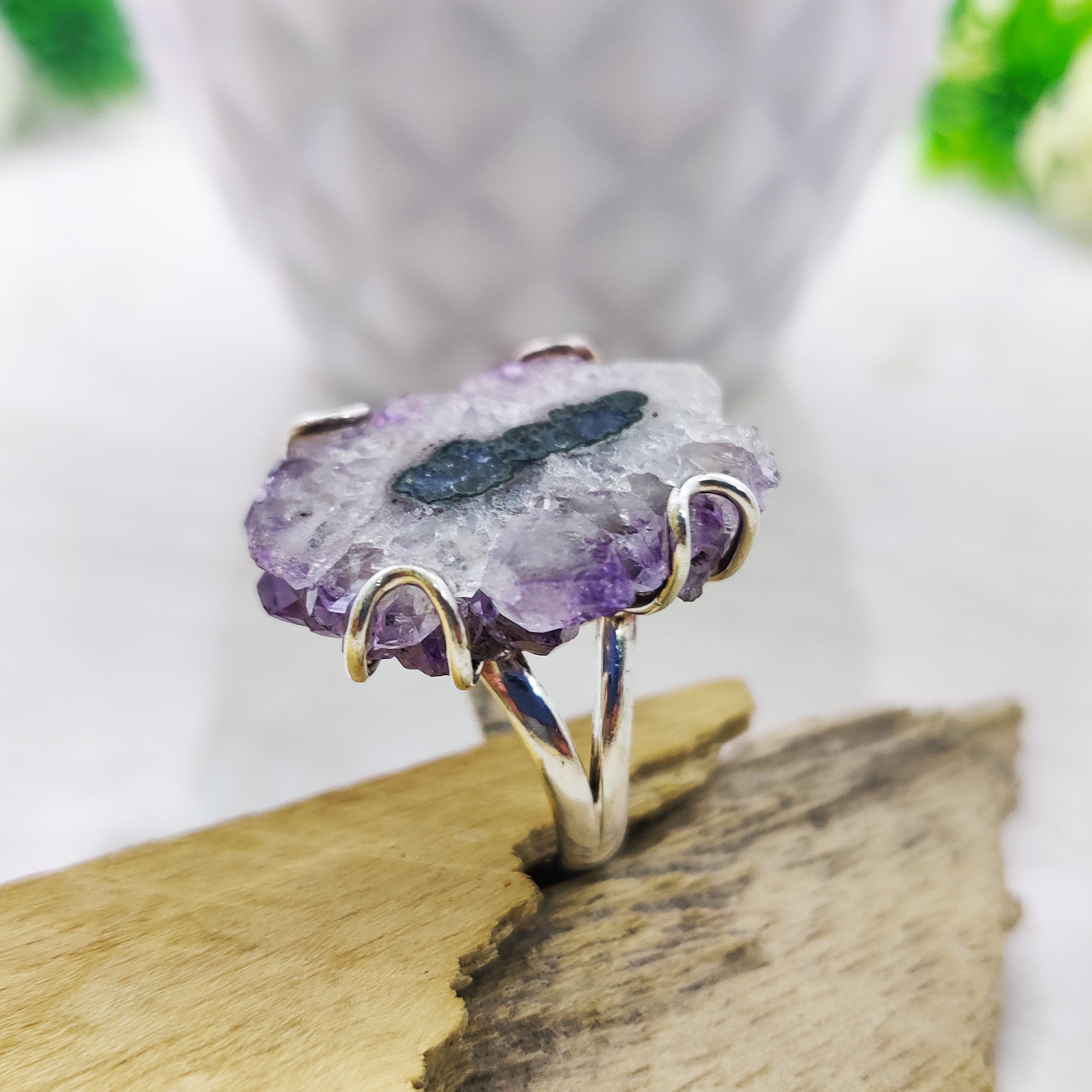 Natural Amethyst Solar Druzy February Birthstone Ring  Boho Big Size Ring, 925 Sterling Silver Ring, Unshaped Raw Ring, Engagement Gift