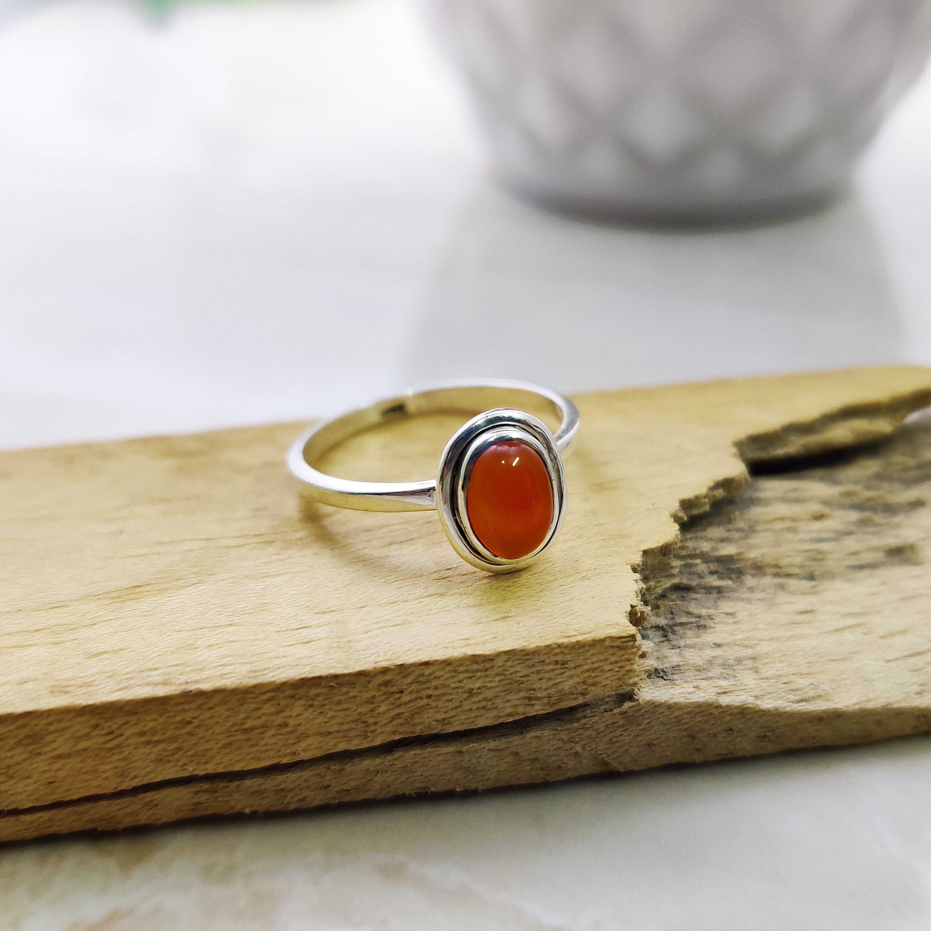 Natural Carnelian Cabochon Ring Sterling Silver Boho Tiny Ring