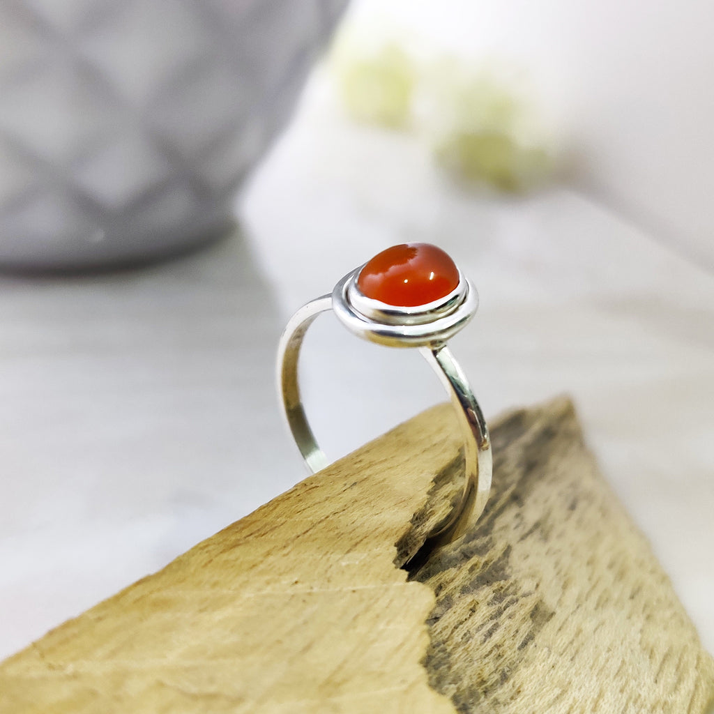 Natural Carnelian Cabochon Ring Sterling Silver Boho Tiny Ring