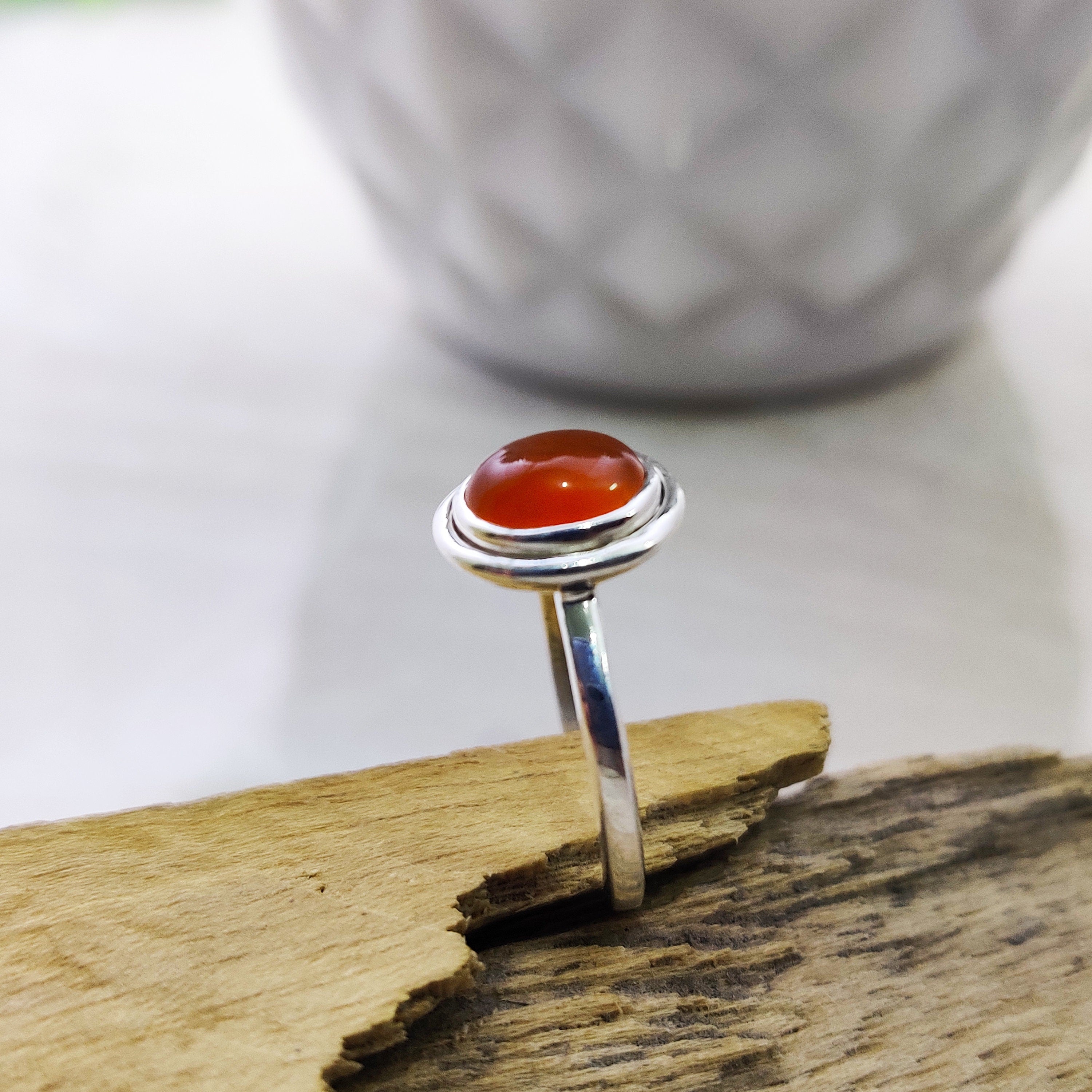 Natural Carnelian Cabochon Ring Sterling Silver Boho Tiny Ring