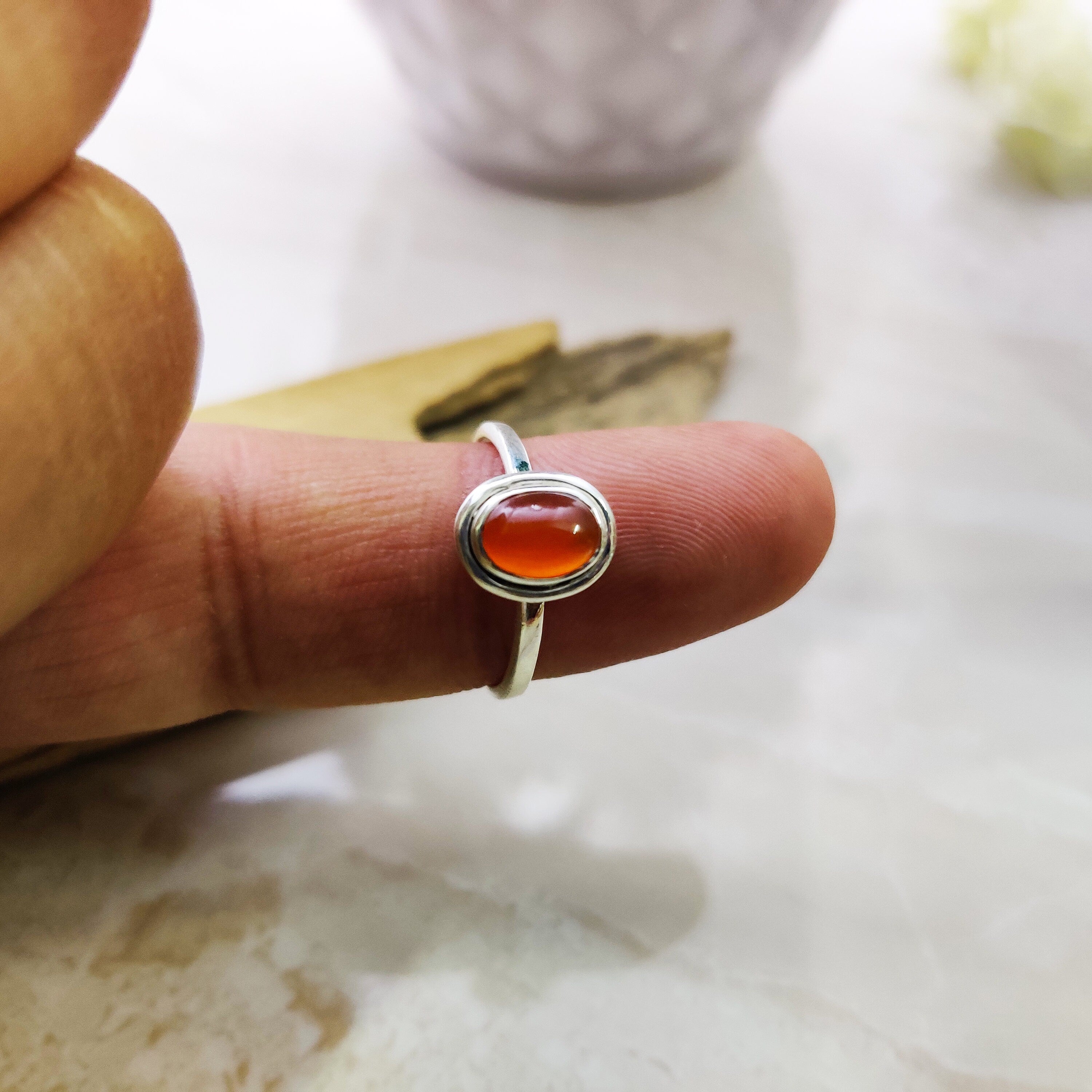 Natural Carnelian Cabochon Ring Sterling Silver Boho Tiny Ring