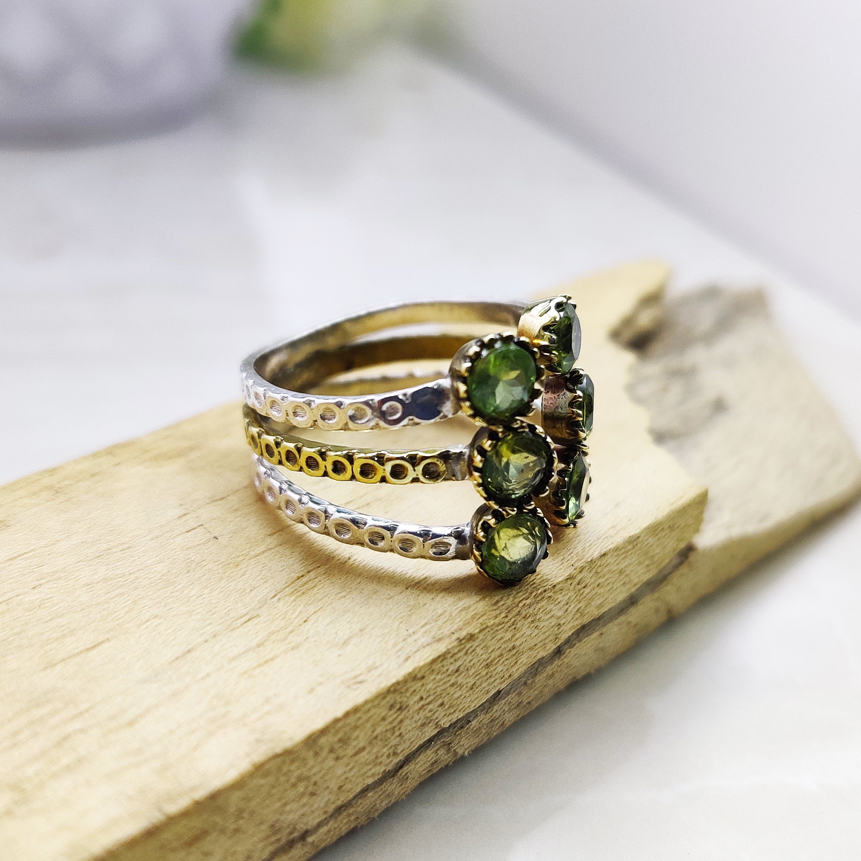 Natural Peridot Round Sterling Silver Boho Ring Adjustable Ring