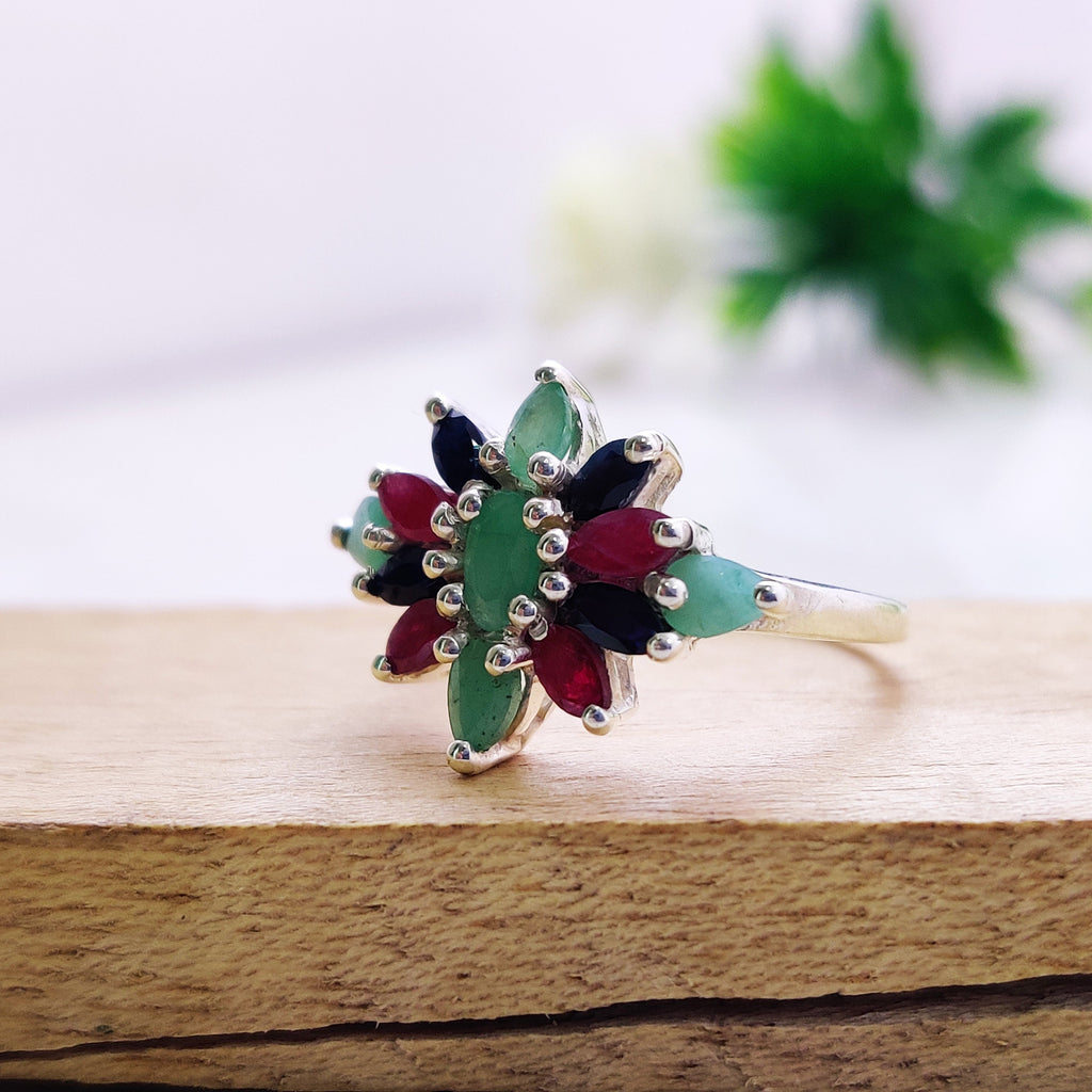 Natural Multi Stone Marquise Ring Sterling Silver Ring Boho Ring July Birthstone Ring