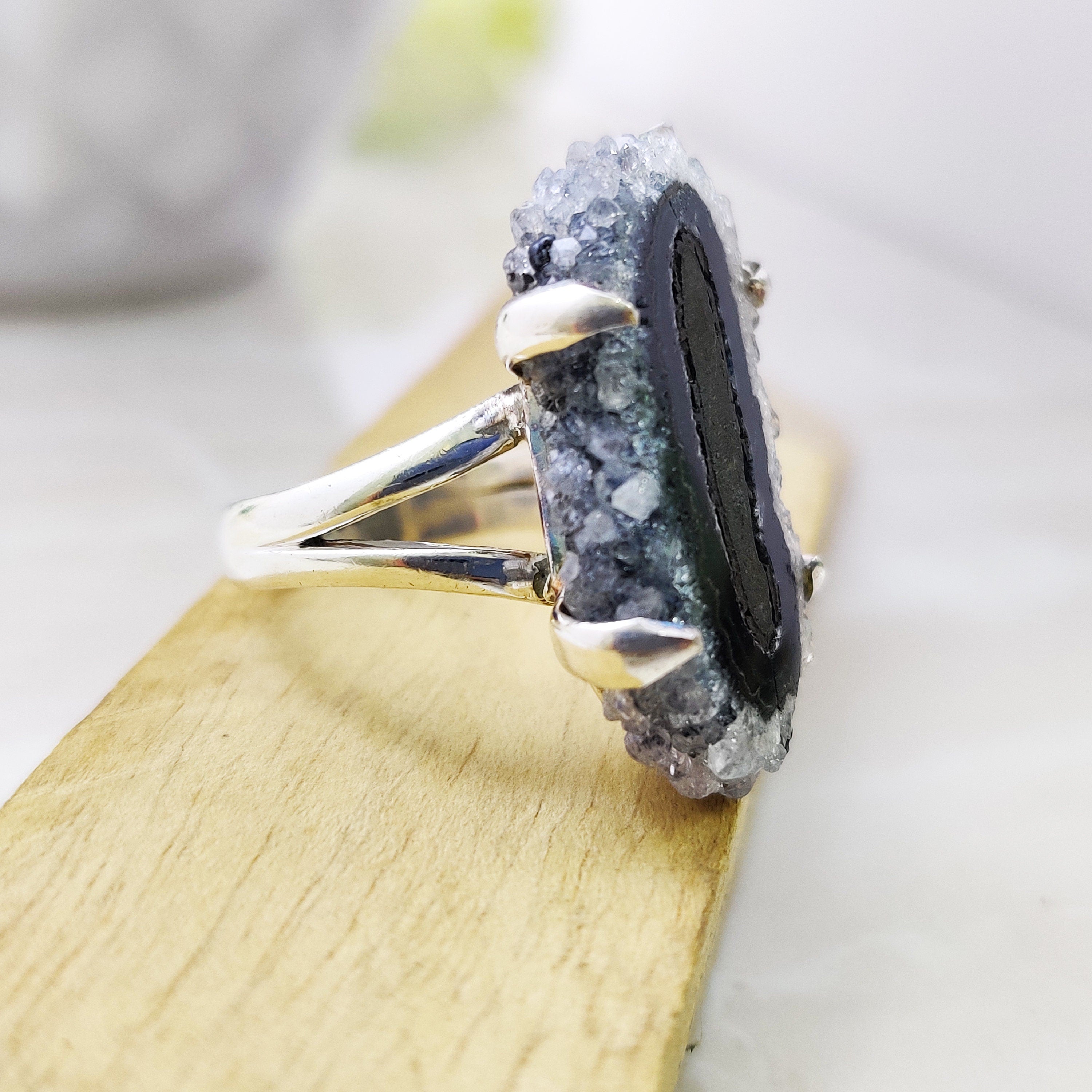 Natural Amethyst Druzy February Birthstone Ring Sterling Silver Boho Big Size Ring