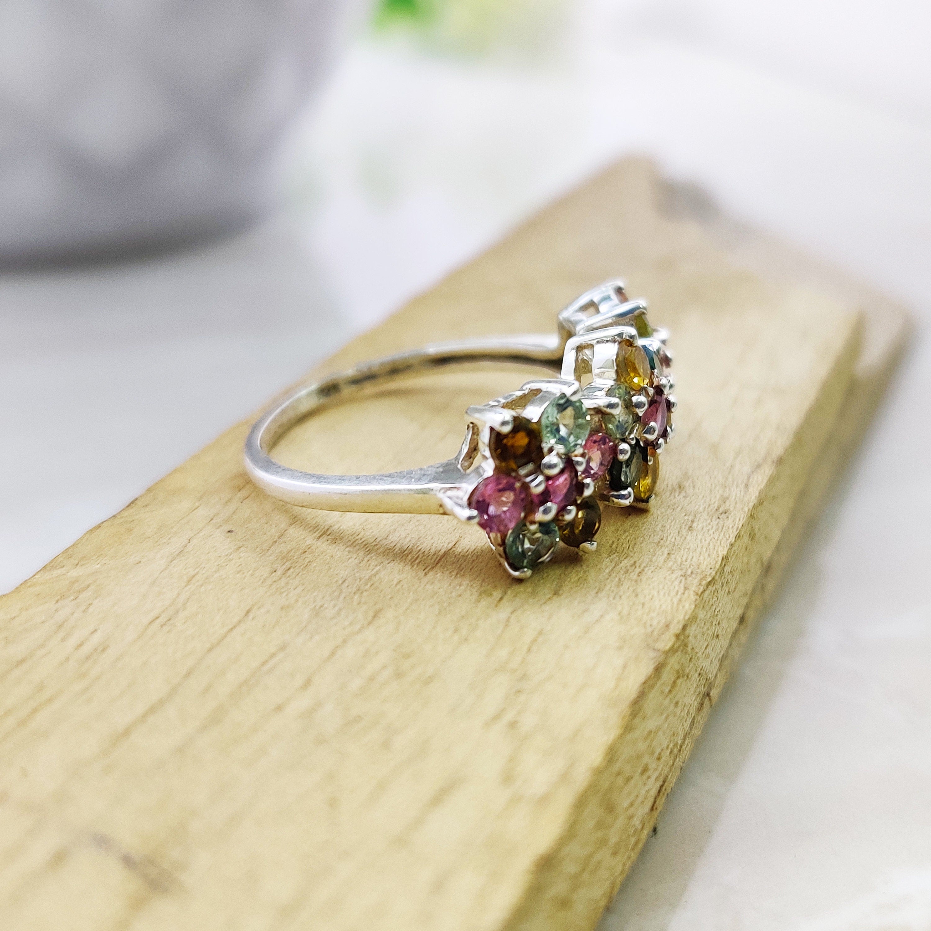 Natural Multi Stone Ring Sterling Silver Ring Boho Ring July Birthstone Ring