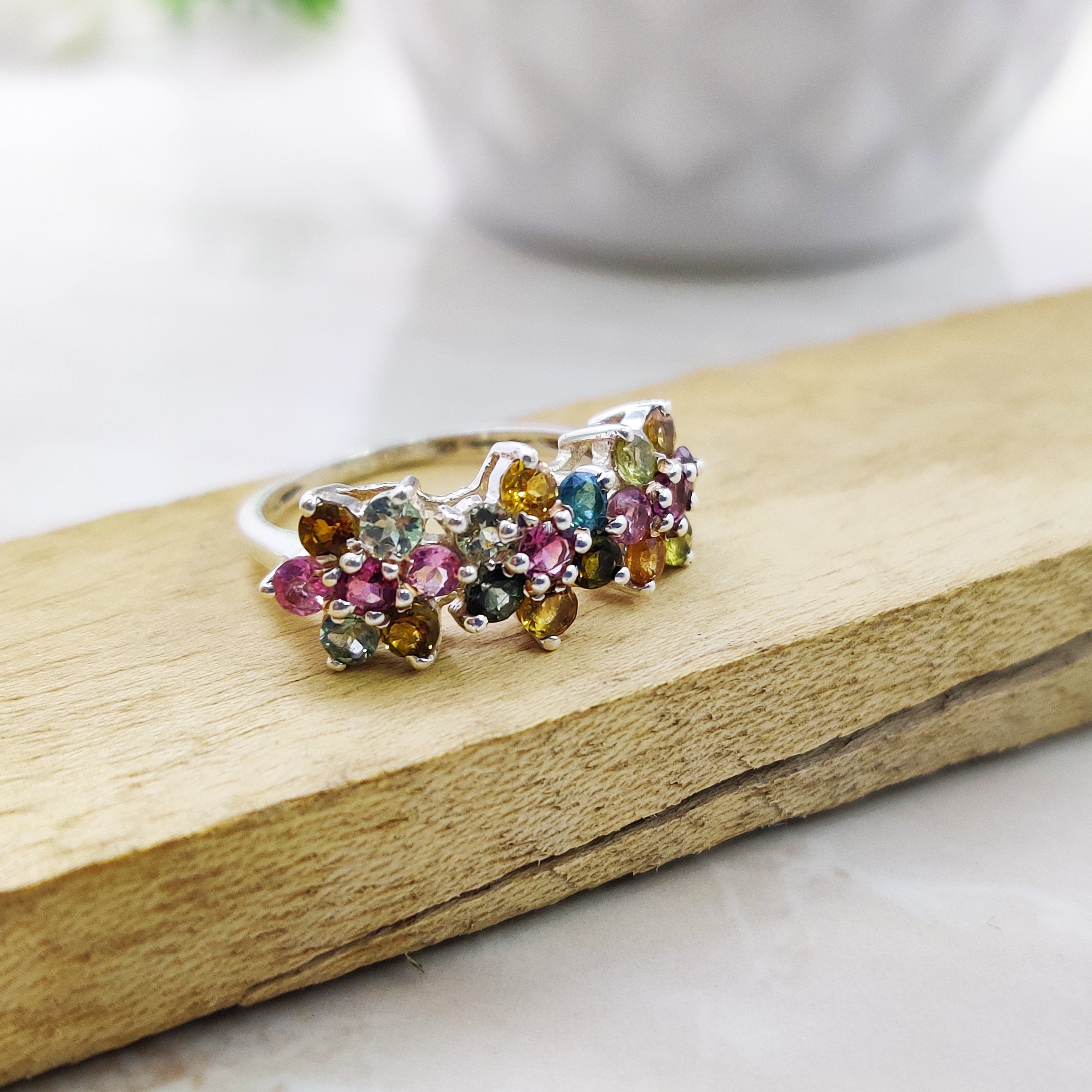 Natural Multi Stone Ring Sterling Silver Ring Boho Ring July Birthstone Ring