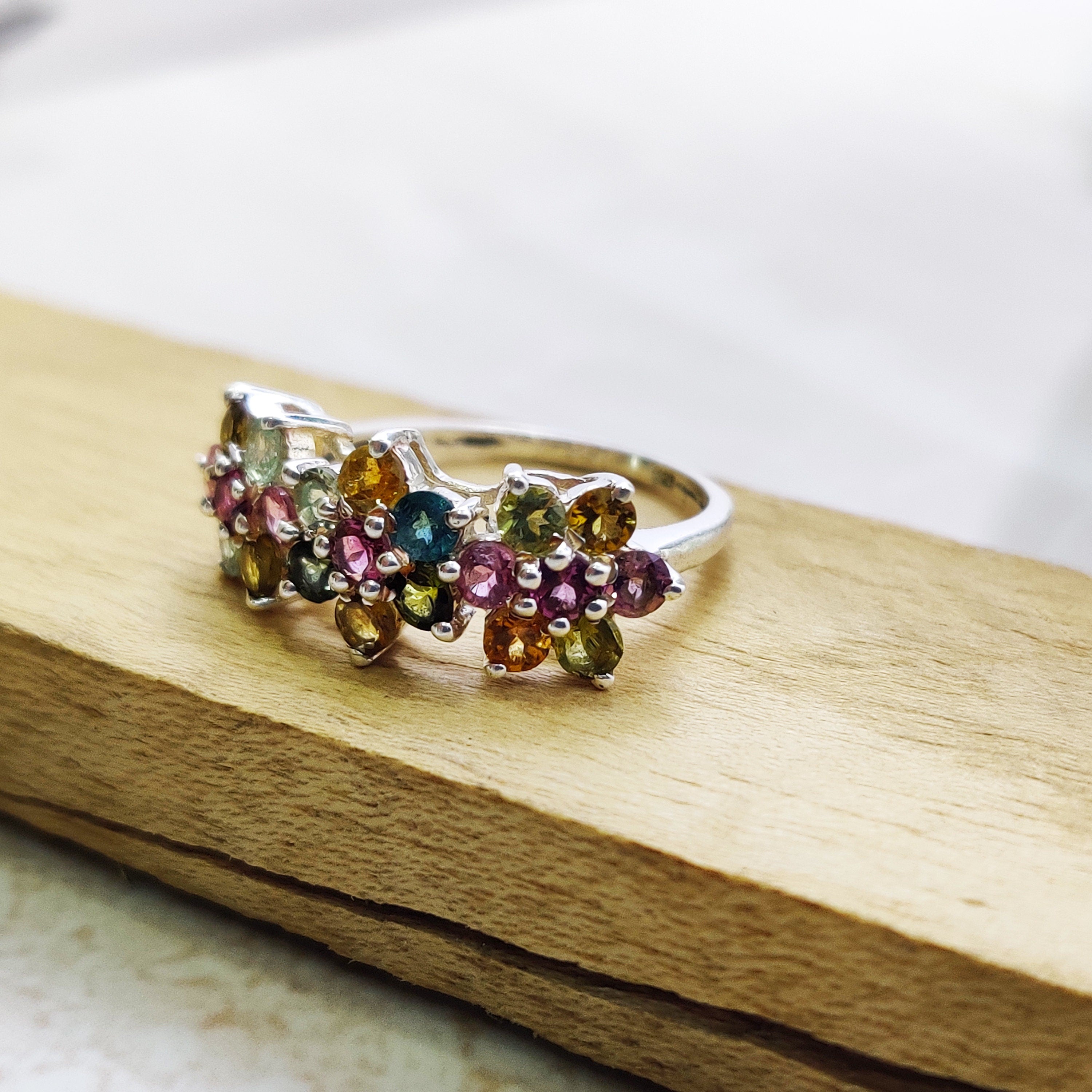 Natural Multi Stone Ring Sterling Silver Ring Boho Ring July Birthstone Ring