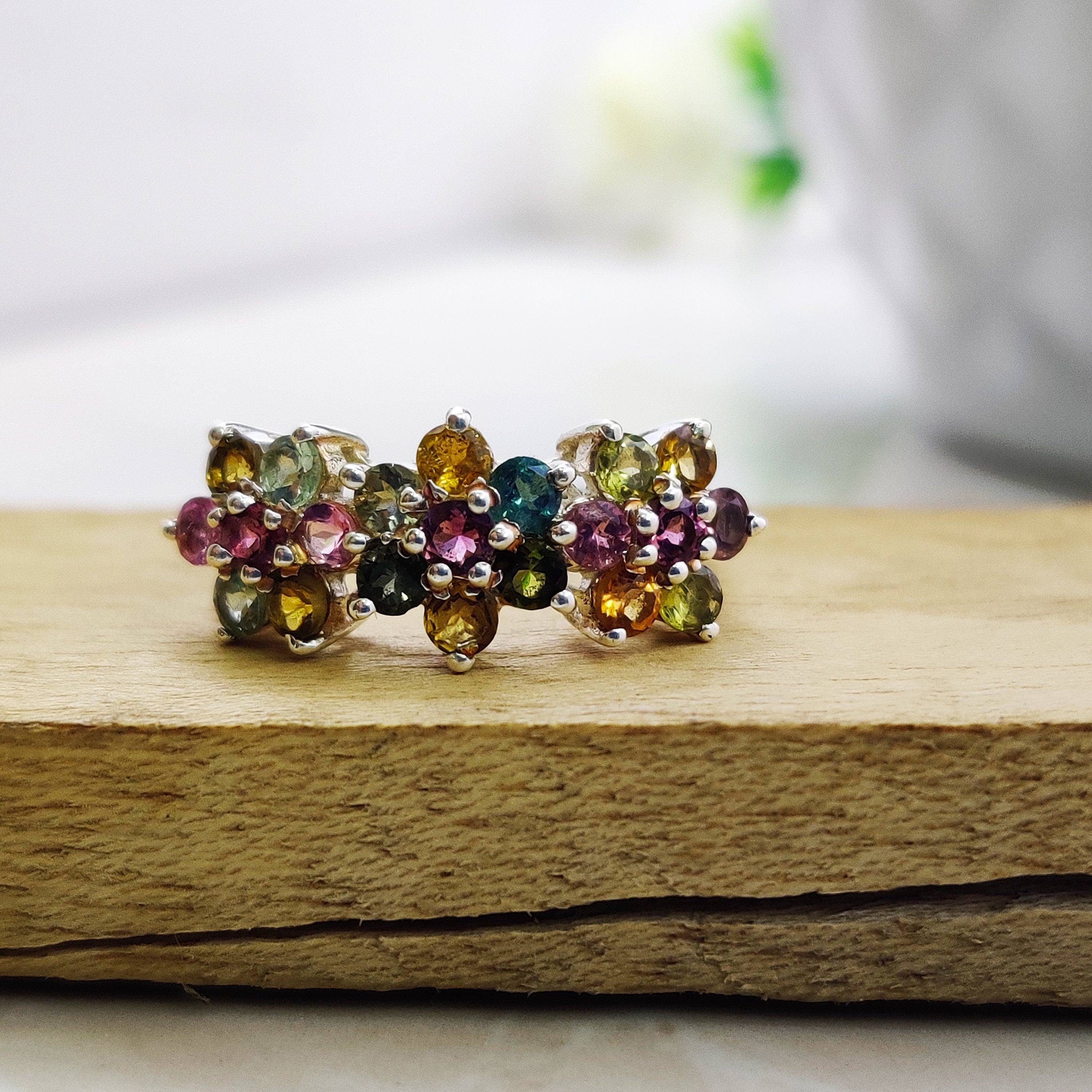 Natural Multi Stone Ring Sterling Silver Ring Boho Ring July Birthstone Ring