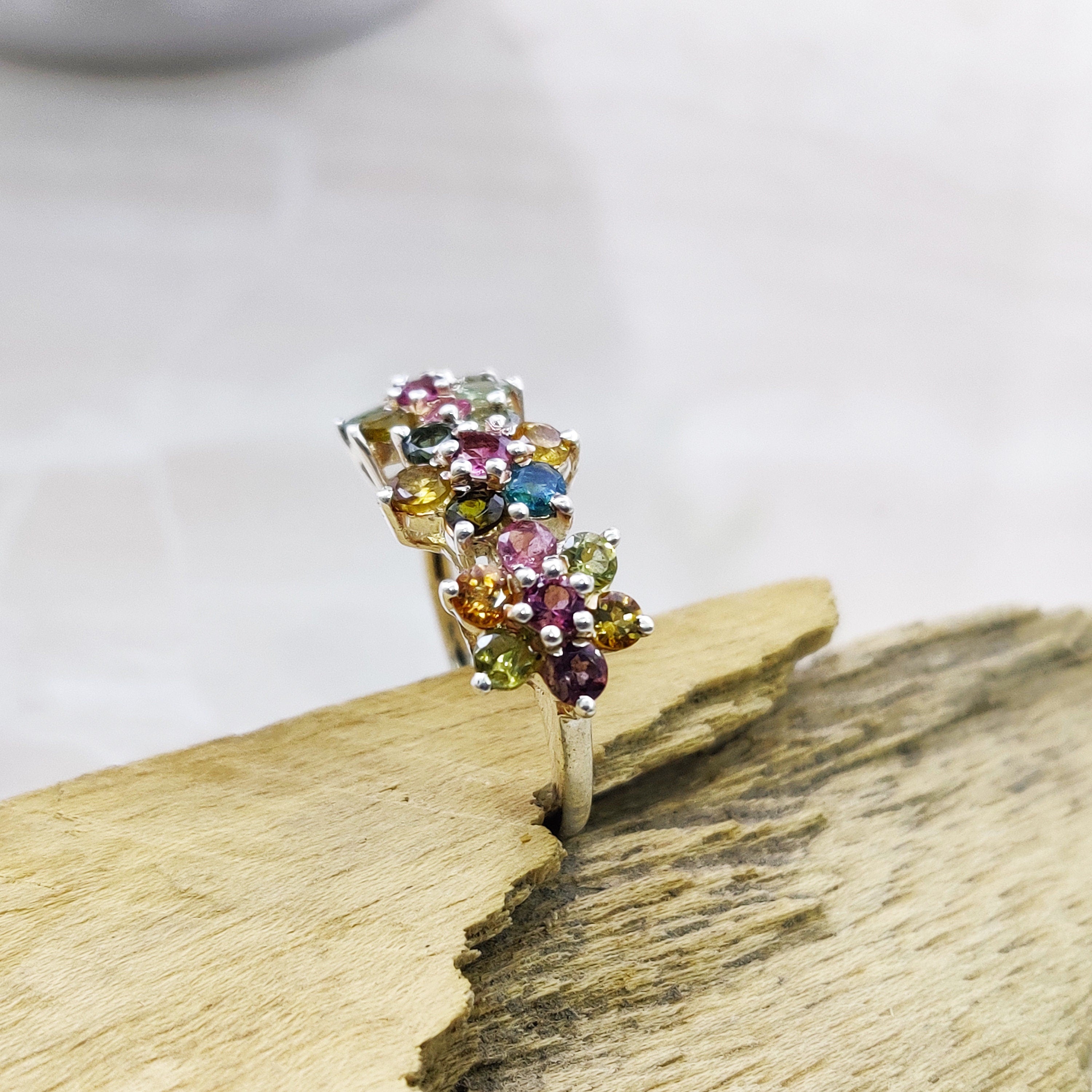 Natural Multi Stone Ring Sterling Silver Ring Boho Ring July Birthstone Ring