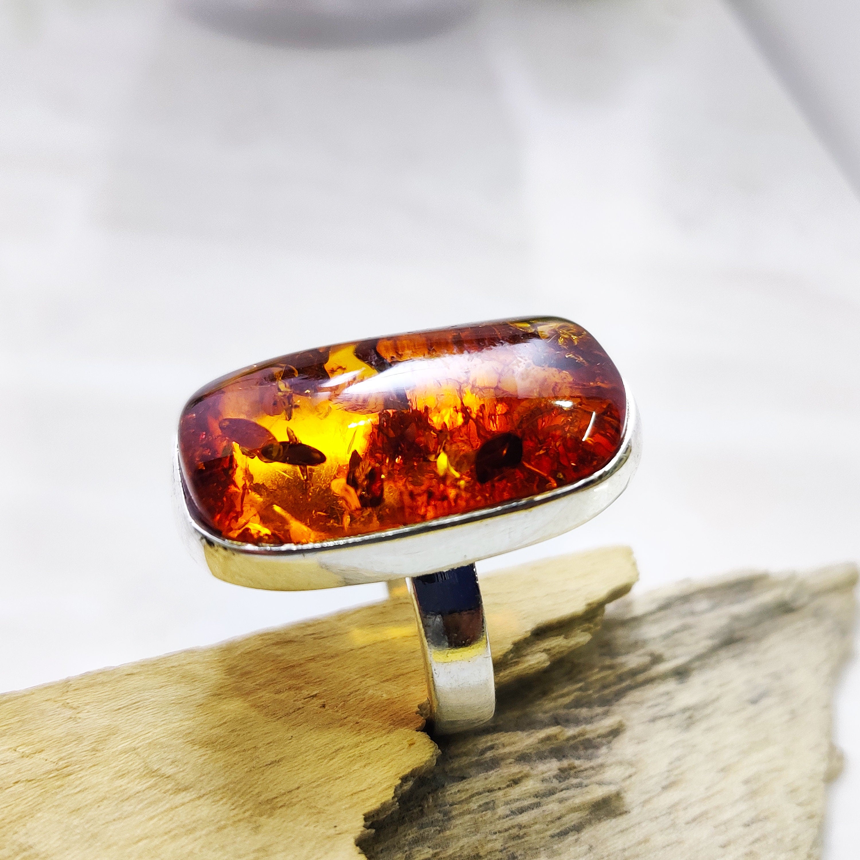 Sterling Silver Natural Amber Boho Big Size Ring  Ring Size 6 1/2