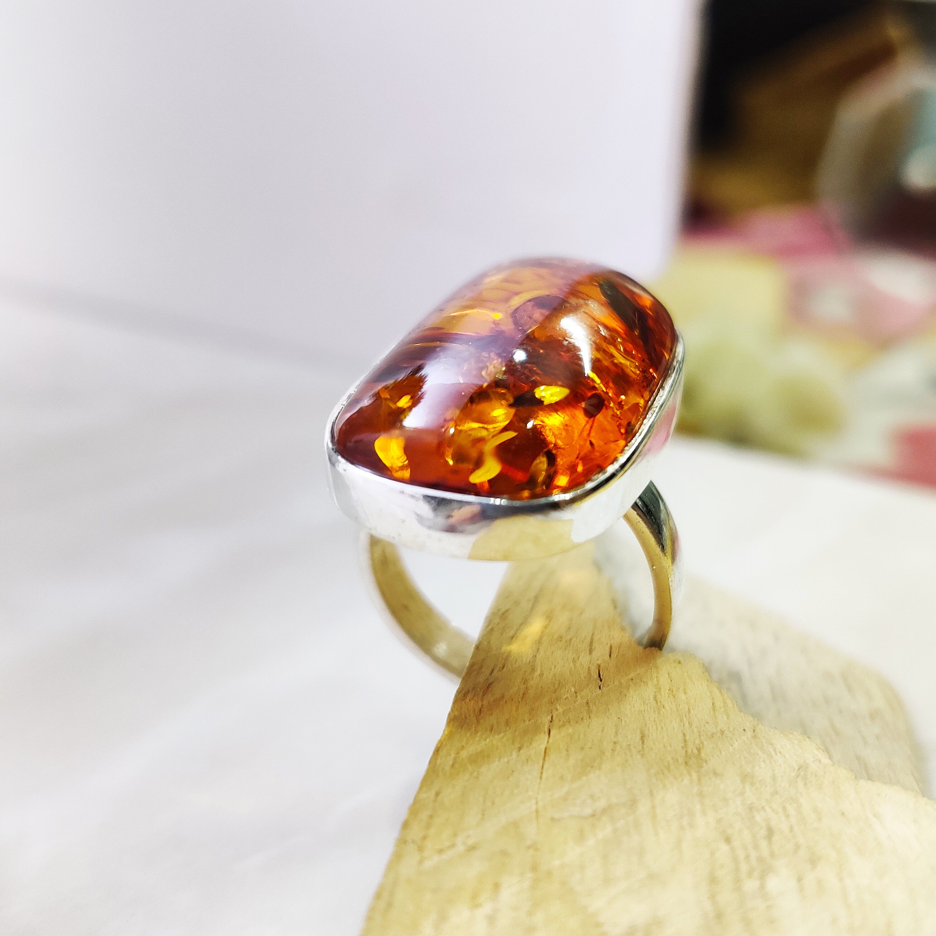 Sterling Silver Natural Amber Boho Big Size Ring  Ring Size 6 1/2