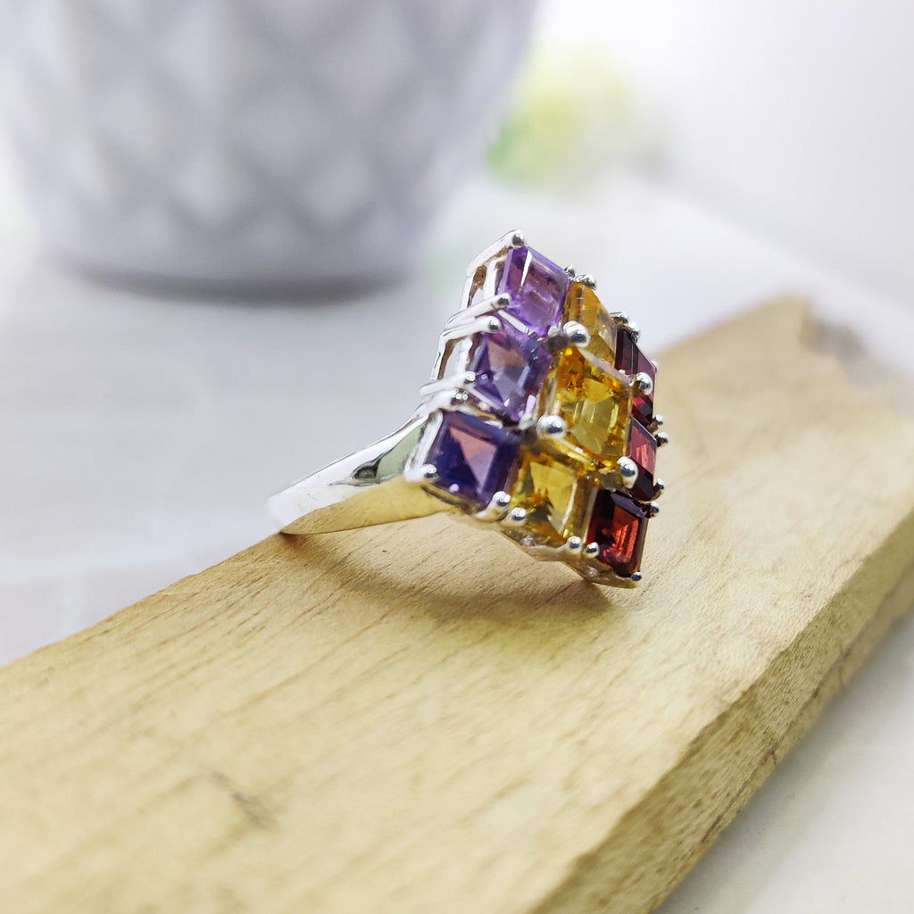 Natural Amethyst Citrin Garnet Square Trio  Ring Sterling Silver Ring Boho Ring