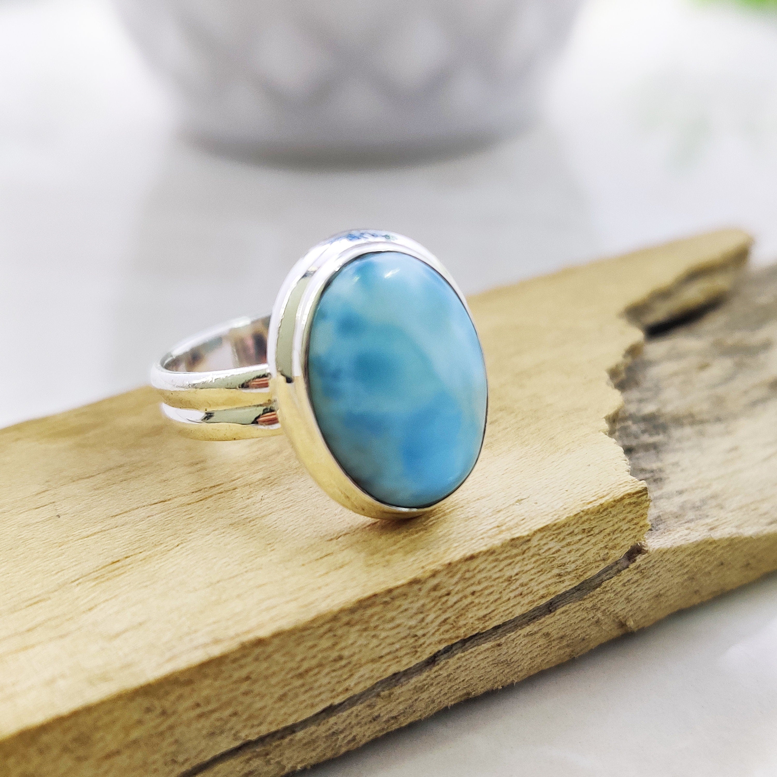 Natural Larimar Oval Small Ring Boho Ring Ring Size 6, 925 Sterling Silver Ring, Oval Cabochon Ring, Blue Stone Ring, Engagement Gift