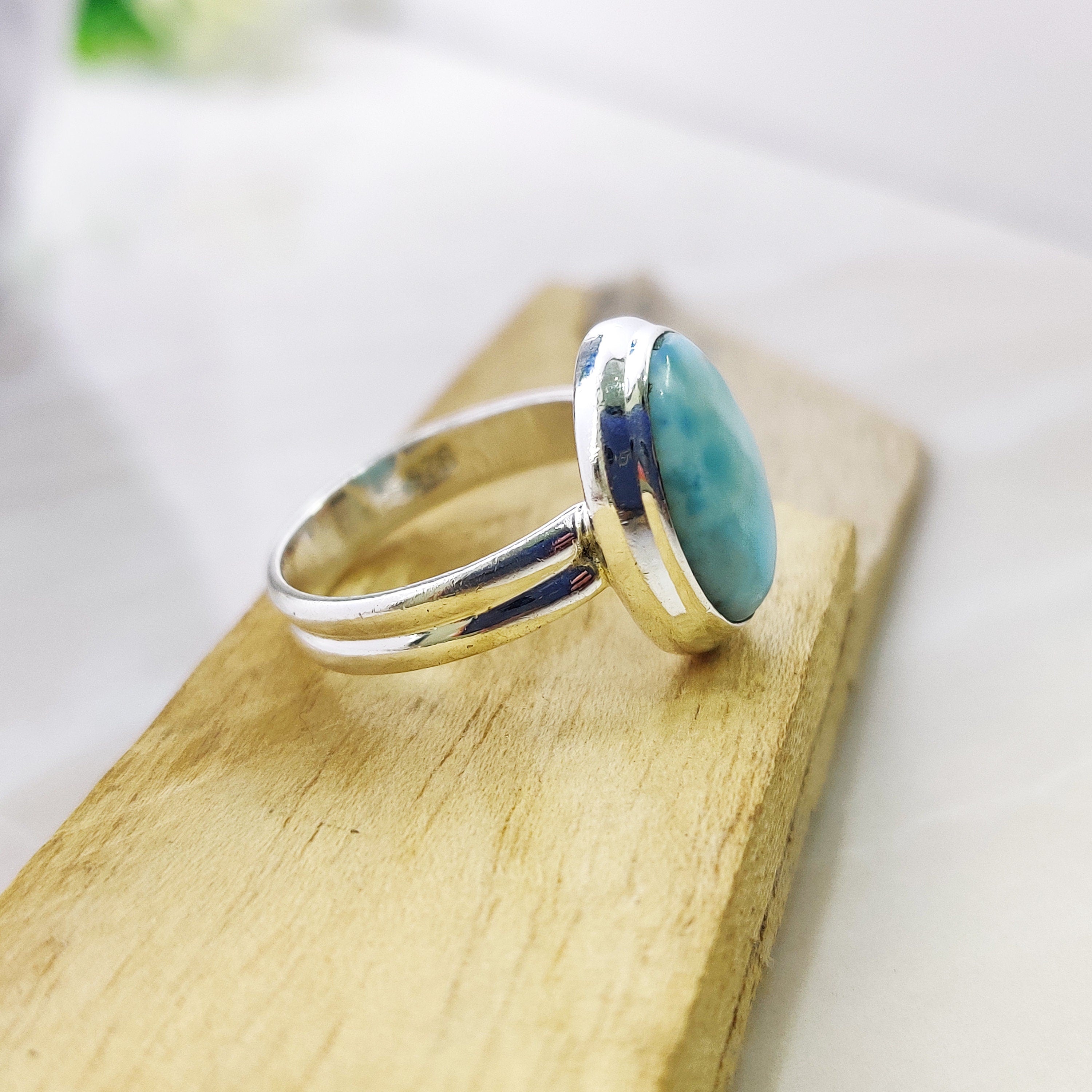 Natural Larimar Oval Small Ring Boho Ring Ring Size 6, 925 Sterling Silver Ring, Oval Cabochon Ring, Blue Stone Ring, Engagement Gift