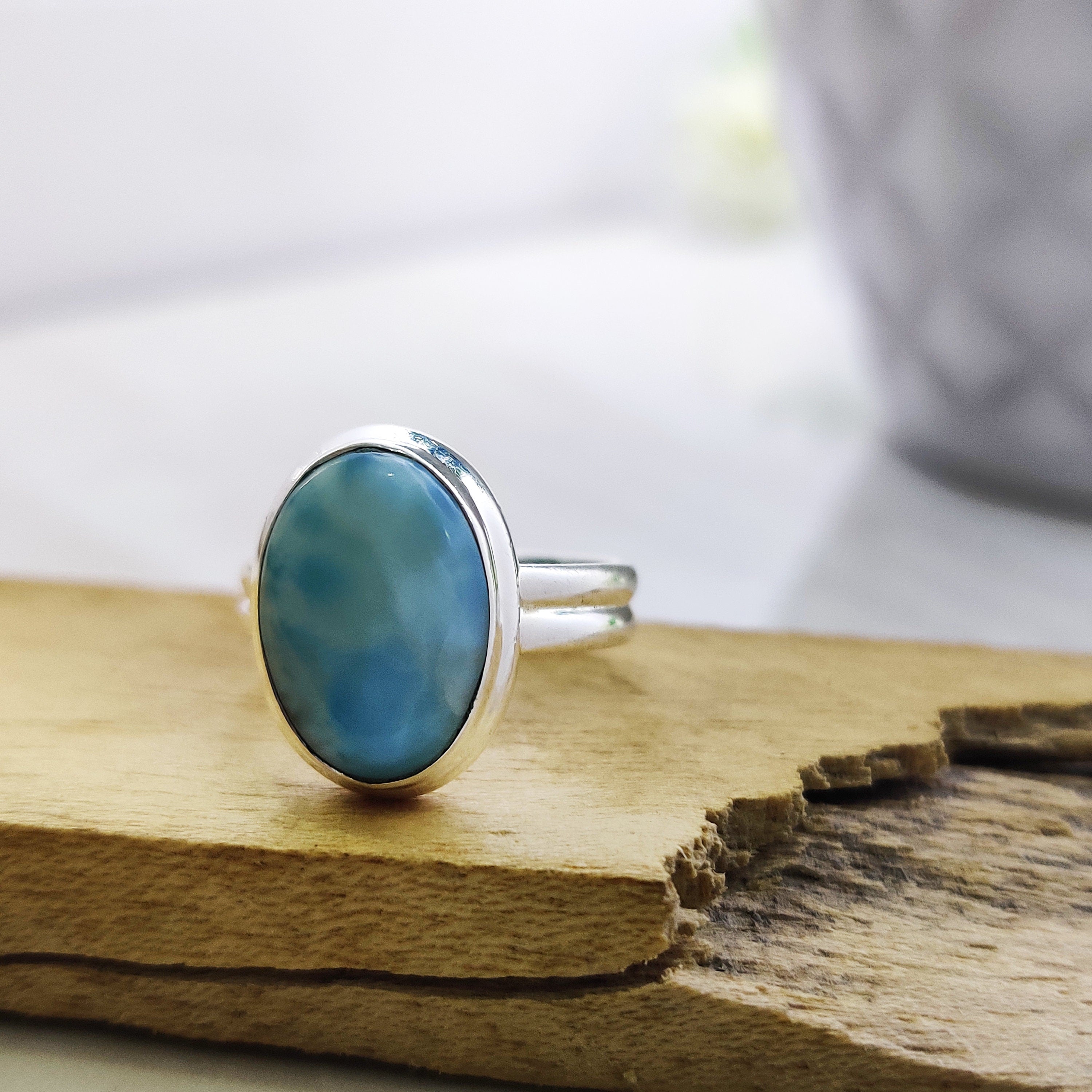 Natural Larimar Oval Small Ring Boho Ring Ring Size 6, 925 Sterling Silver Ring, Oval Cabochon Ring, Blue Stone Ring, Engagement Gift
