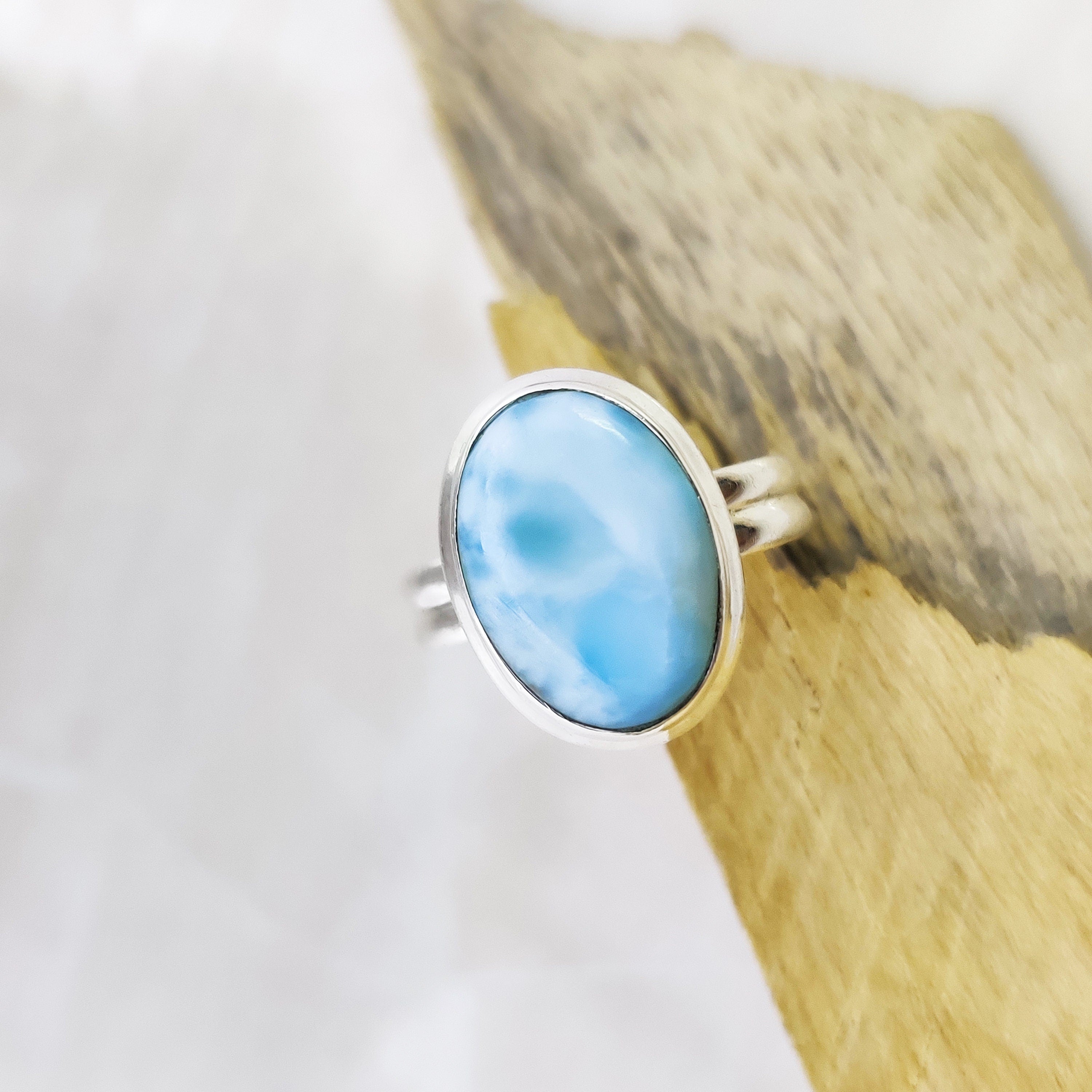 Natural Larimar Oval Small Ring Boho Ring Ring Size 6, 925 Sterling Silver Ring, Oval Cabochon Ring, Blue Stone Ring, Engagement Gift