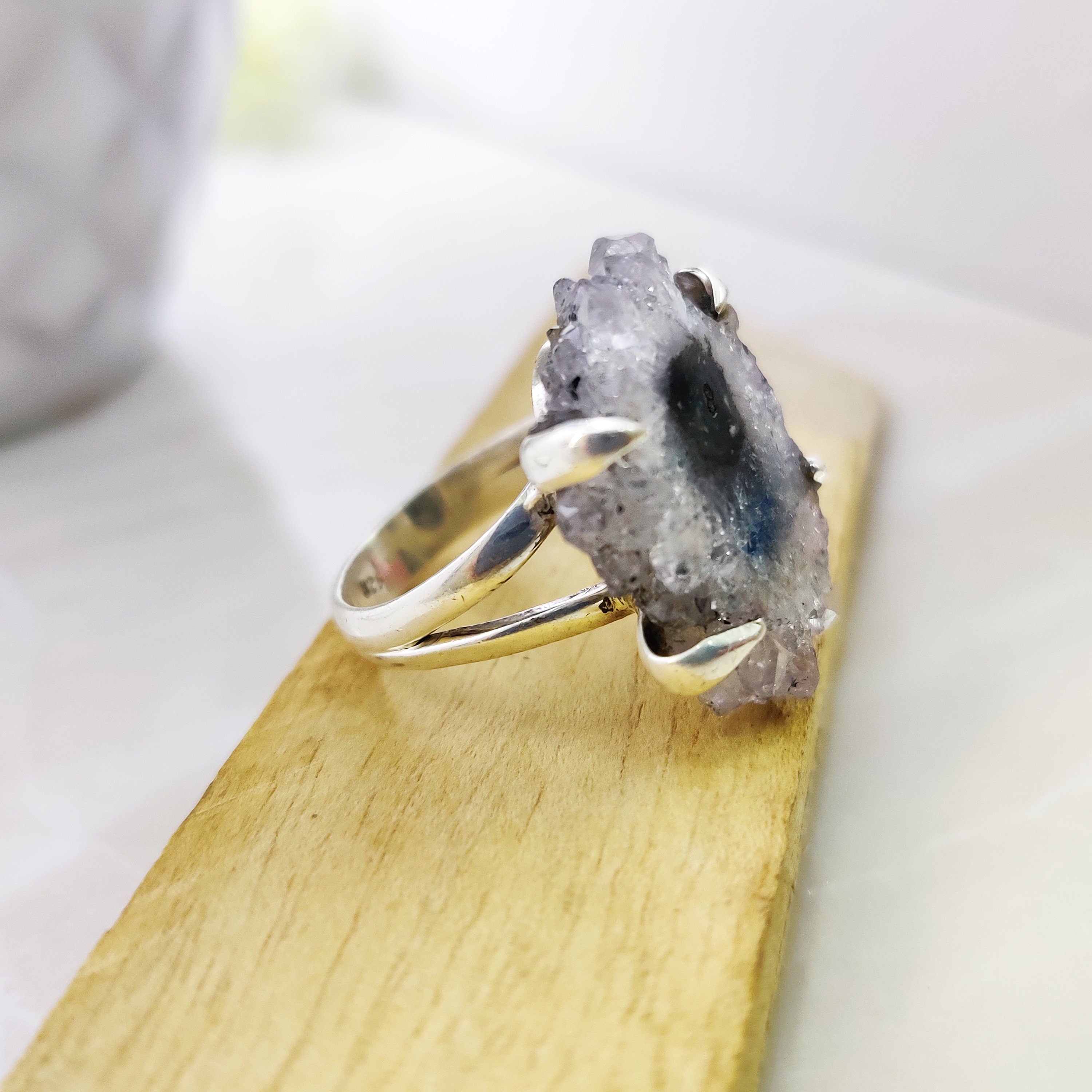 Ring Sterling Silver Boho Natural Amethyst Druzy  Size 5 Ring, Solar Quartz Pendant ,Solar Quartz, 925 Silver Jewelry, female birth day.