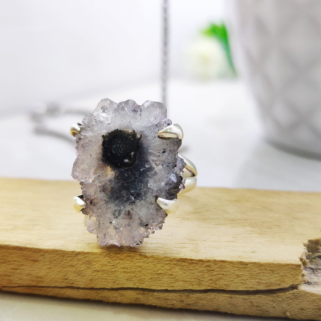 Ring Sterling Silver Boho Natural Amethyst Druzy  Size 5 Ring, Solar Quartz Pendant ,Solar Quartz, 925 Silver Jewelry, female birth day.
