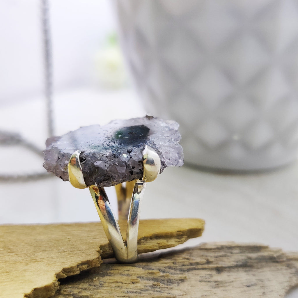 Ring Sterling Silver Boho Natural Amethyst Druzy  Size 5 Ring, Solar Quartz Pendant ,Solar Quartz, 925 Silver Jewelry, female birth day.