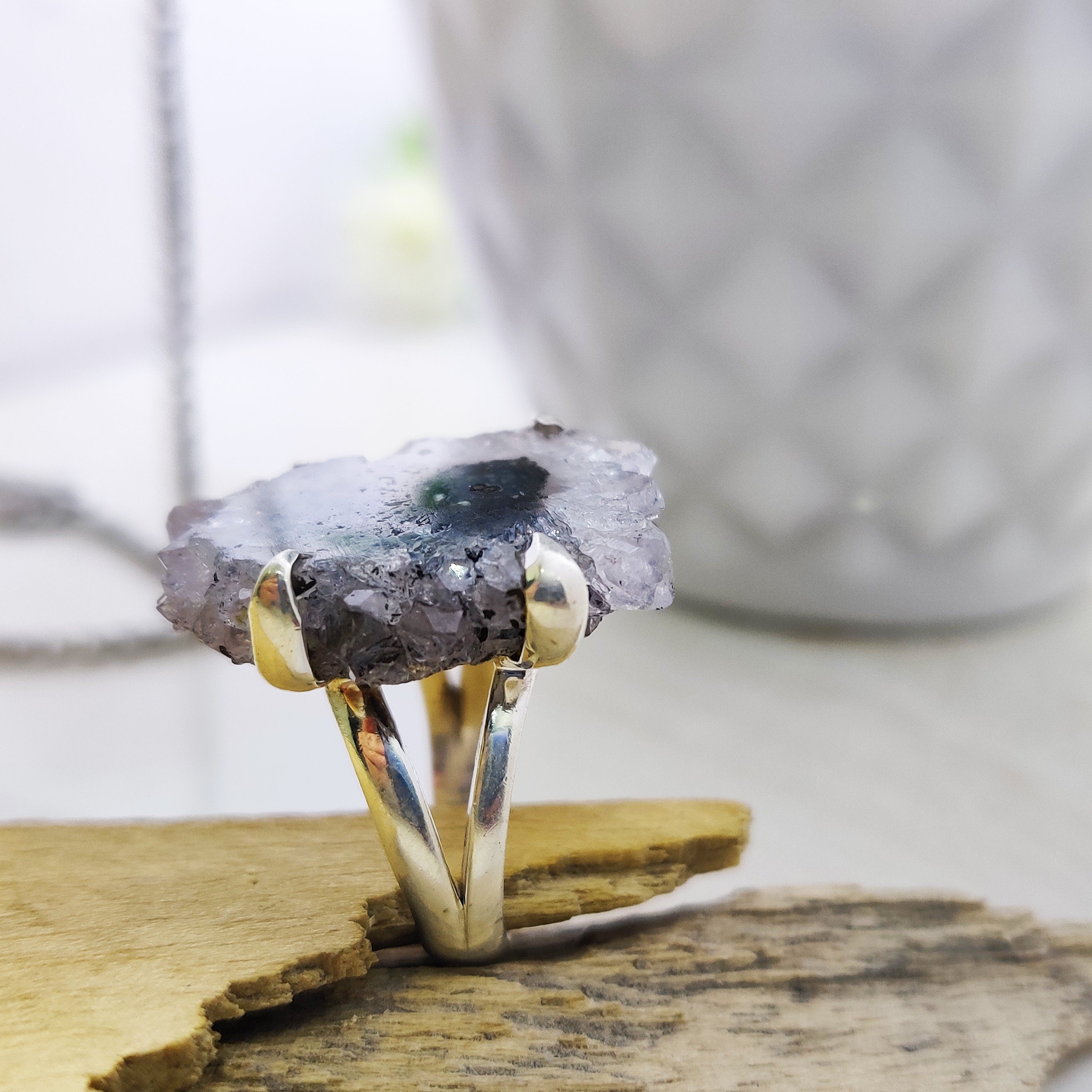 Ring Sterling Silver Boho Natural Amethyst Druzy  Size 5 Ring, Solar Quartz Pendant ,Solar Quartz, 925 Silver Jewelry, female birth day.