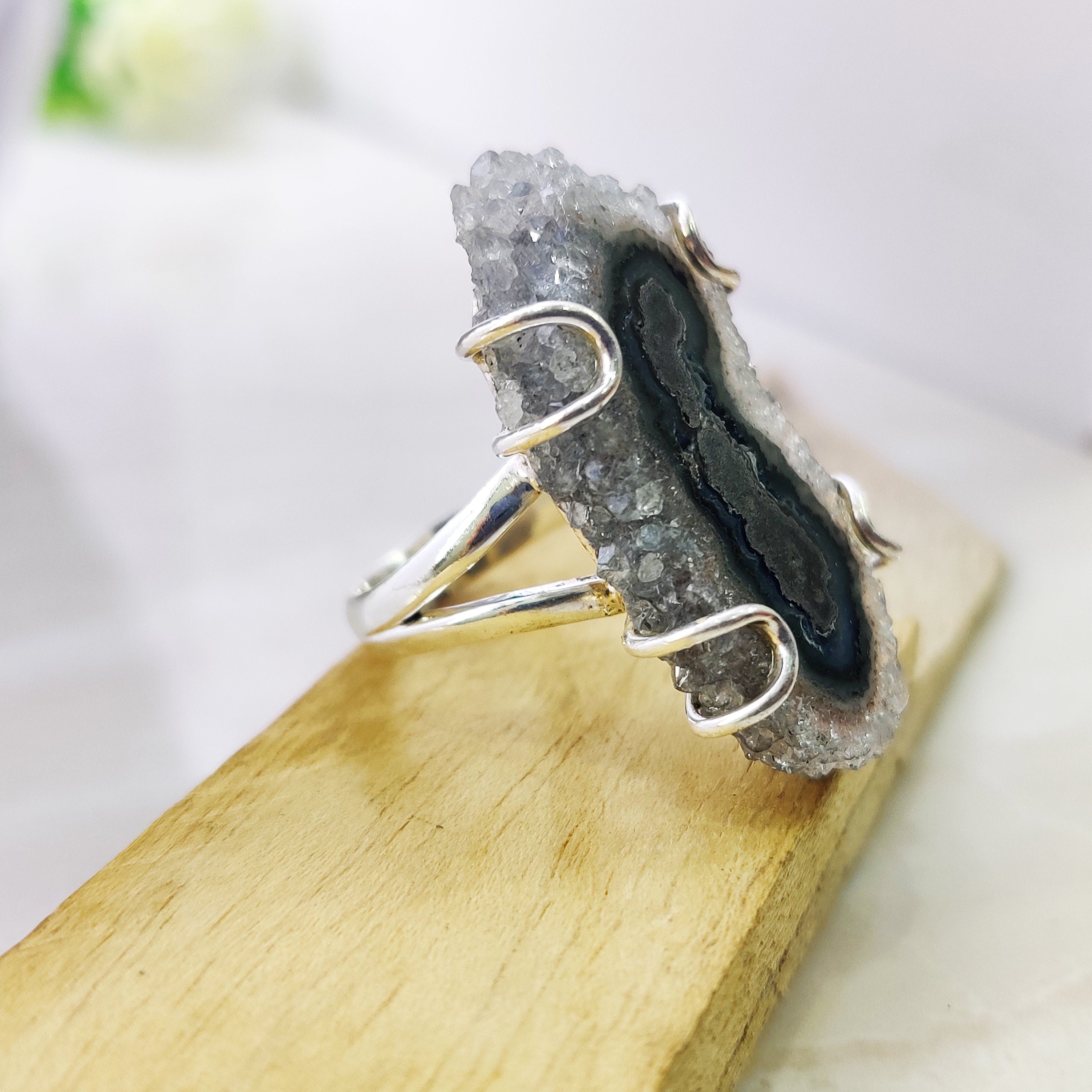 Natural Solar Quartz Druzy  Ring Sterling Silver Boho Size 5 Ring,Solar Quartz Pendant ,Solar Quartz, 925 Silver Jewelry, female birth day.