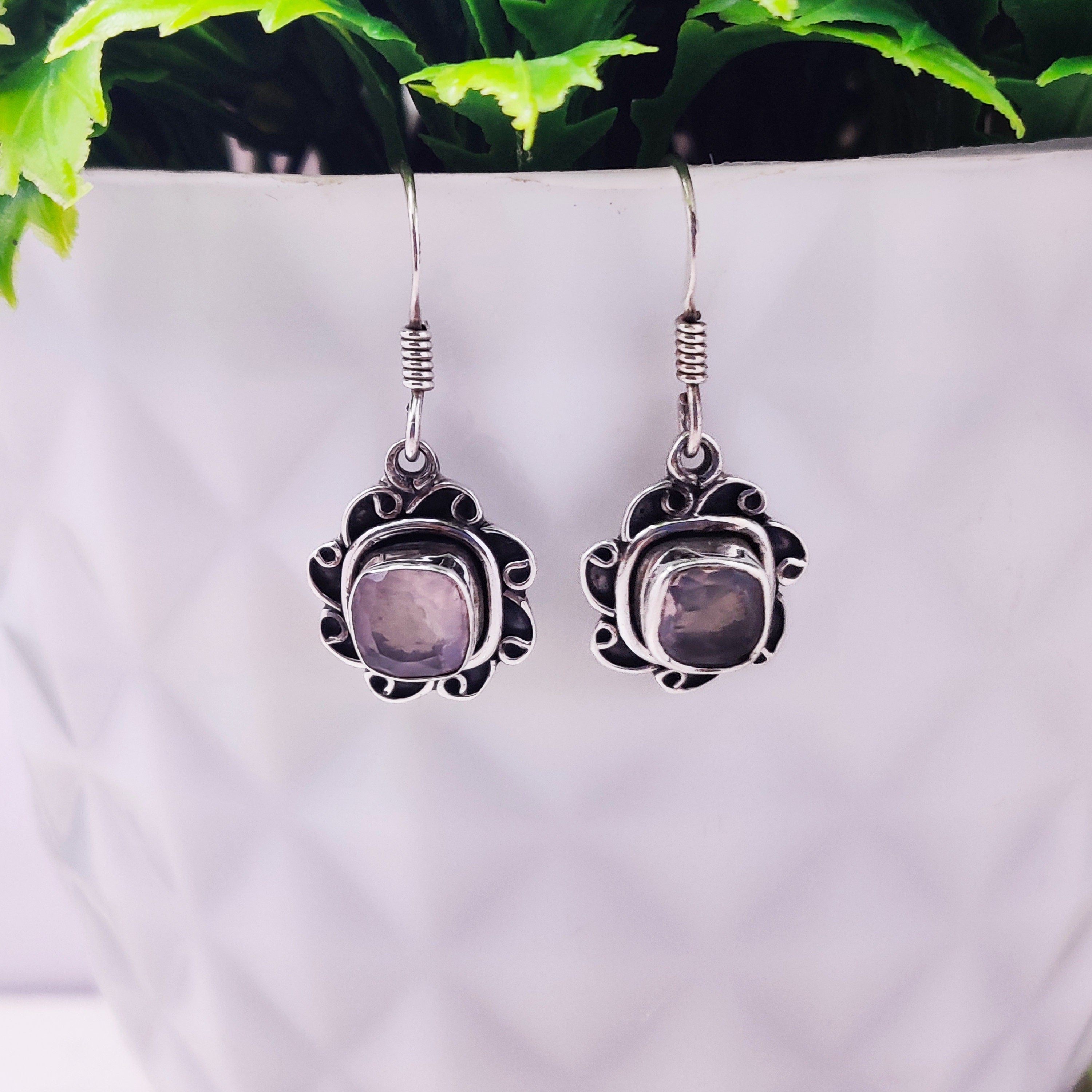 Natural Rose Quartz Square  Sterling Silver Drop Boho  Earrings, Antique Earring Earring,Bride Earrings,Wedding Gift Earring,Girls Gift