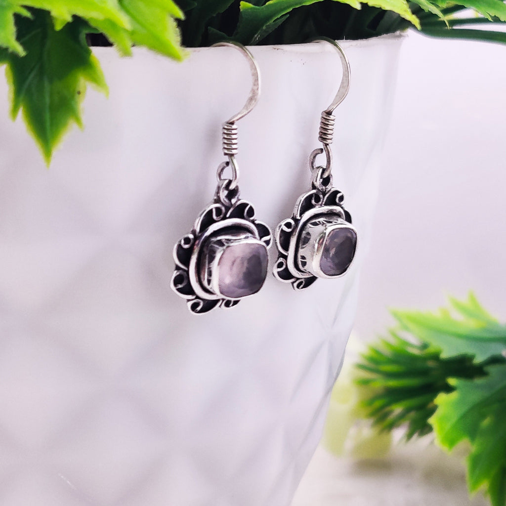 Natural Rose Quartz Square  Sterling Silver Drop Boho  Earrings, Antique Earring Earring,Bride Earrings,Wedding Gift Earring,Girls Gift