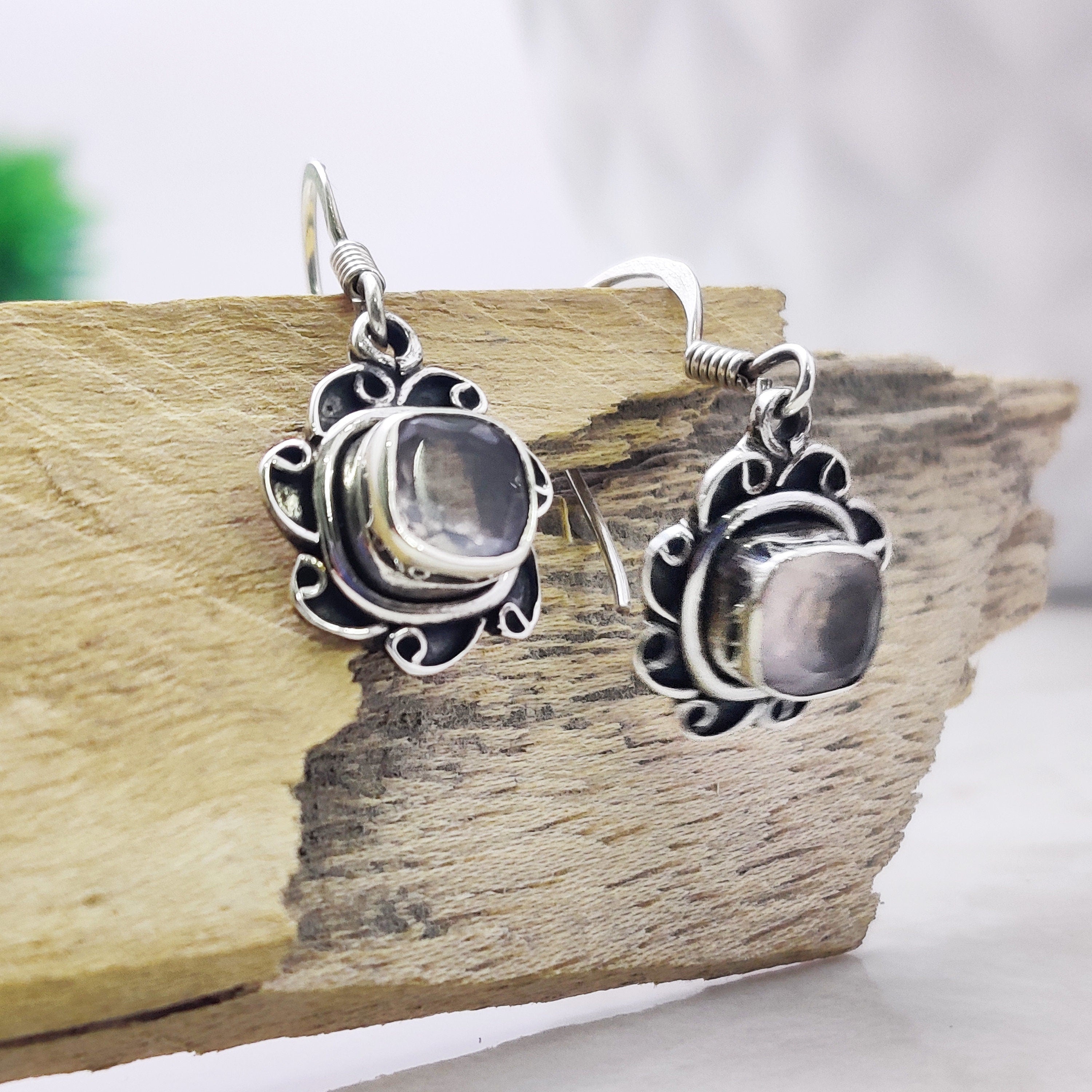 Natural Rose Quartz Square  Sterling Silver Drop Boho  Earrings, Antique Earring Earring,Bride Earrings,Wedding Gift Earring,Girls Gift