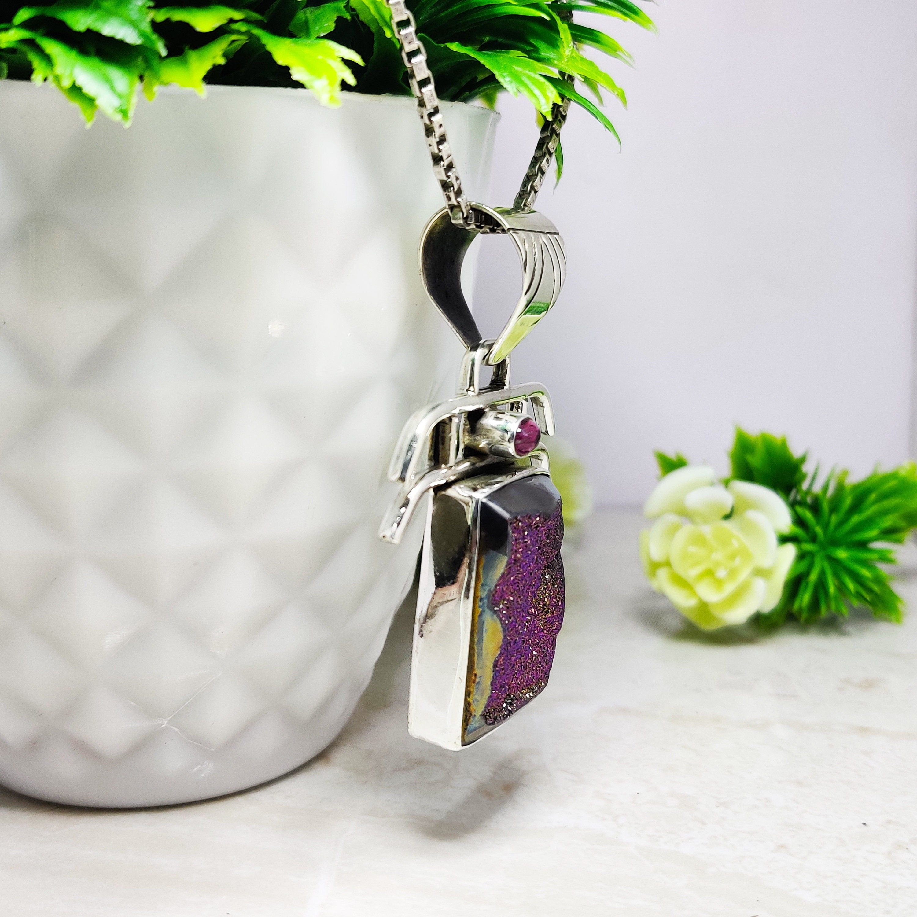 Sterling Silver 925 Silver Dyde Druzy Amethyst Boho Pendant Big Size Pendant