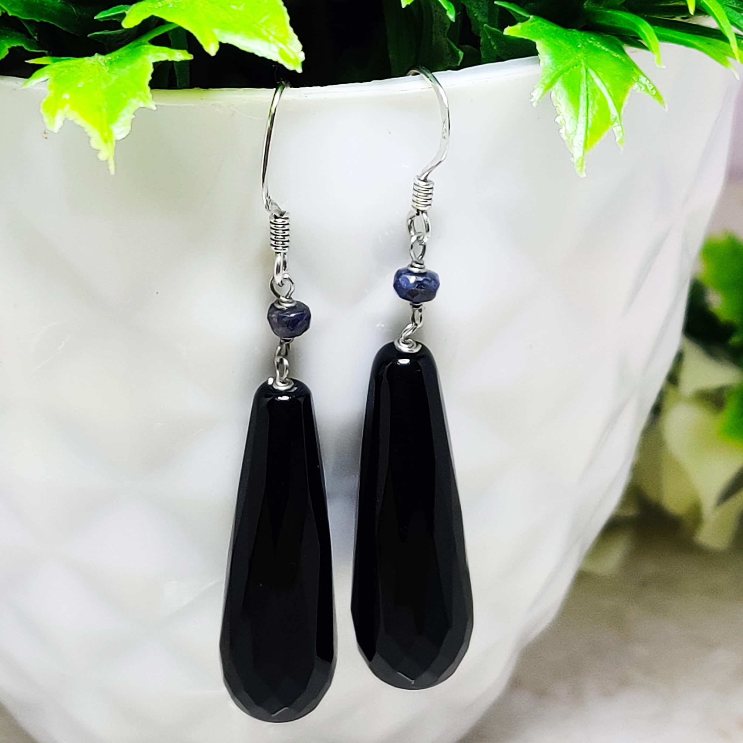 Sterling Silver Natural Black Onyx Tear Drop July BirthStone Earrings