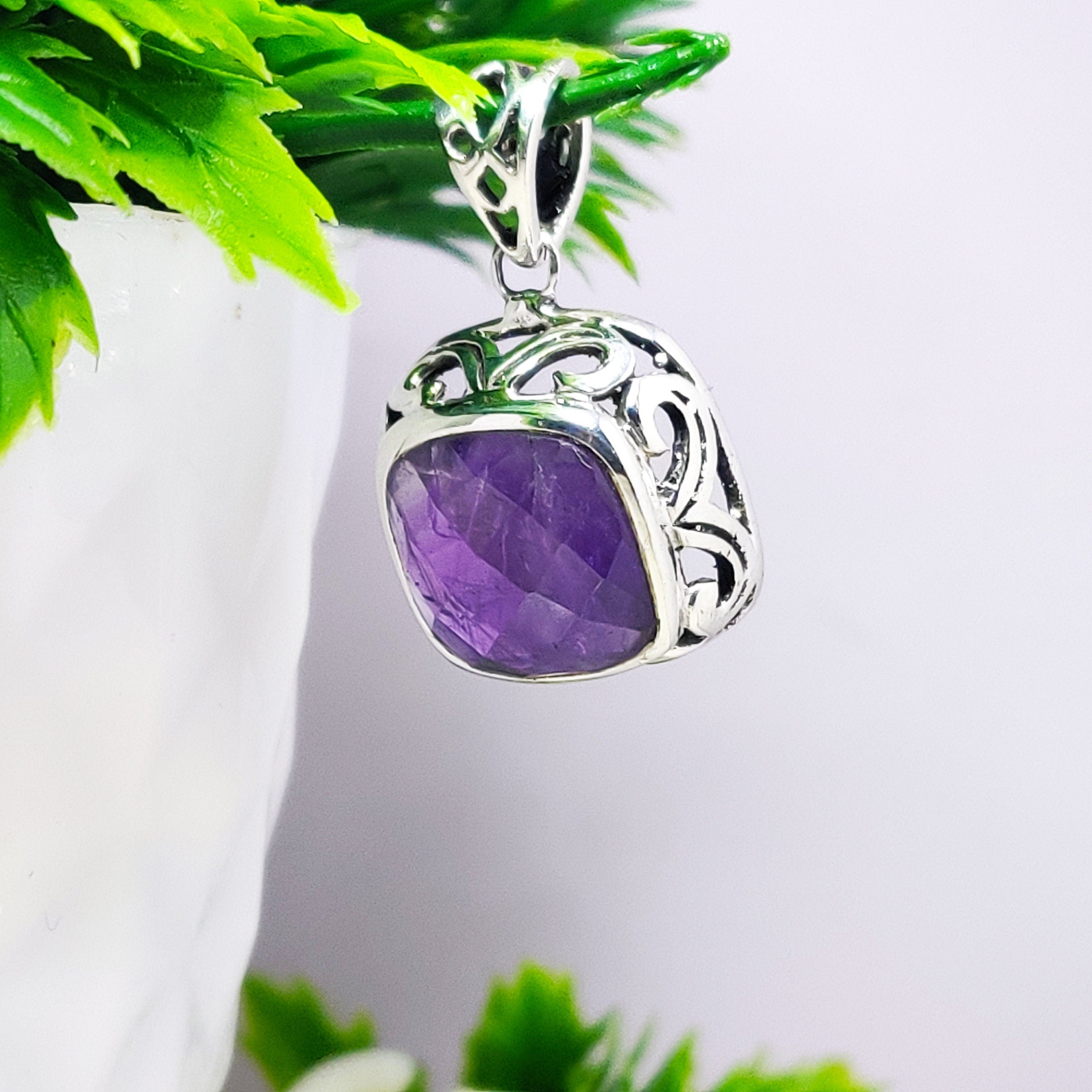 Natural Amethyst February BirthStone Boho Pendant, 925 Sterling Solid Silver Pendant-Amethyst Semi Precious Stone Pendant-Wedding Gift