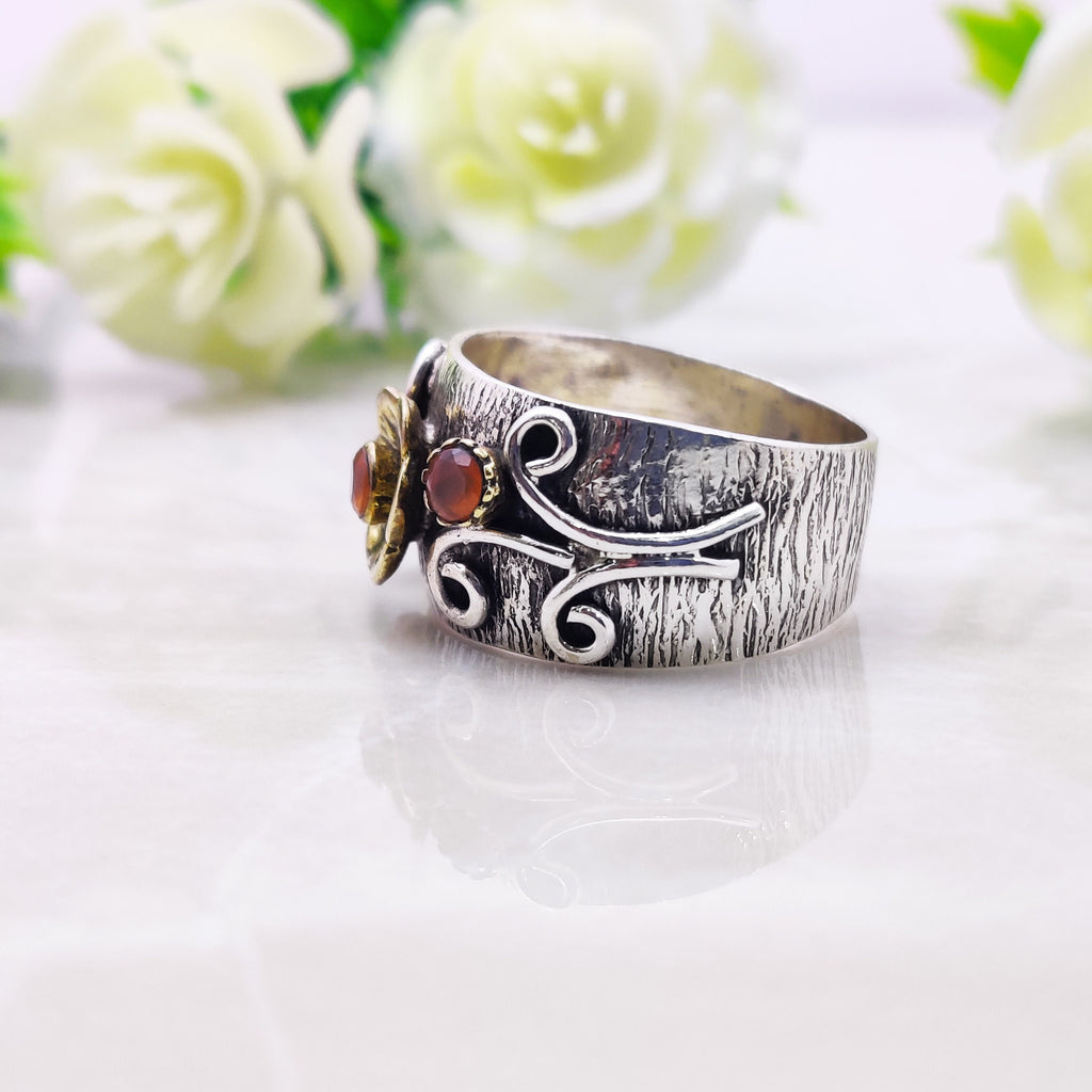 Sterling Silver Natural Carnelian August  BirthStone Boho Ring
