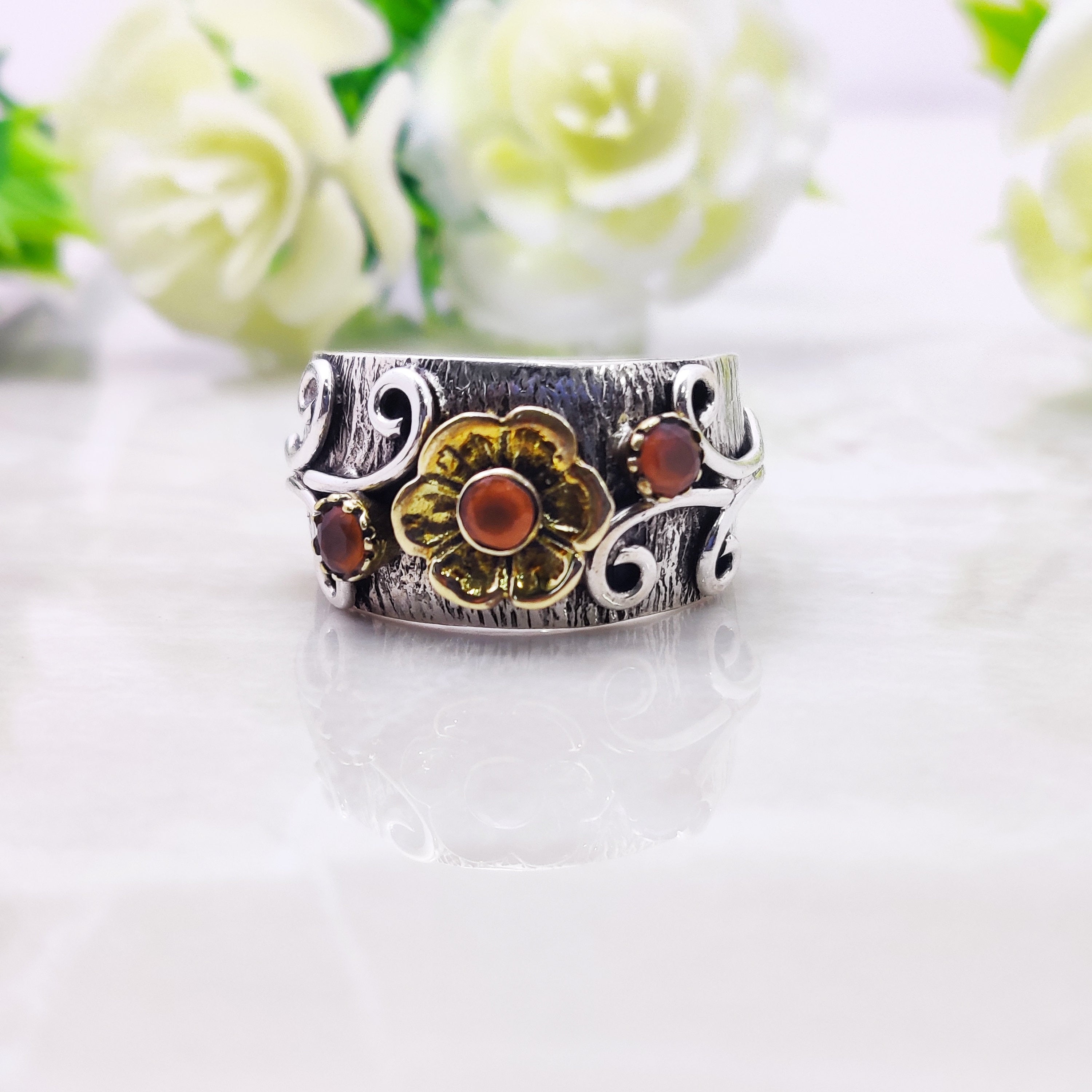 Sterling Silver Natural Carnelian August  BirthStone Boho Ring