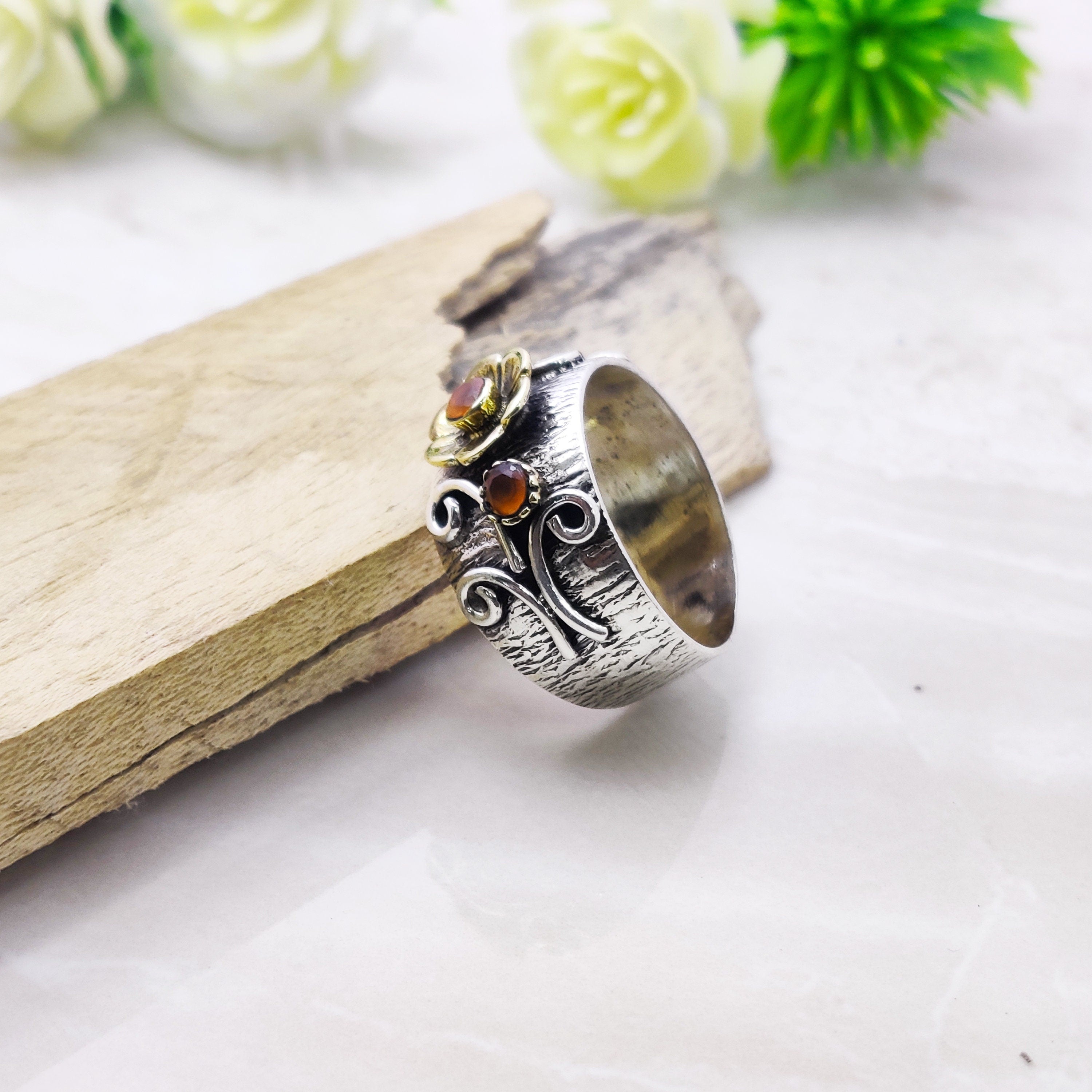 Sterling Silver Natural Carnelian August  BirthStone Boho Ring