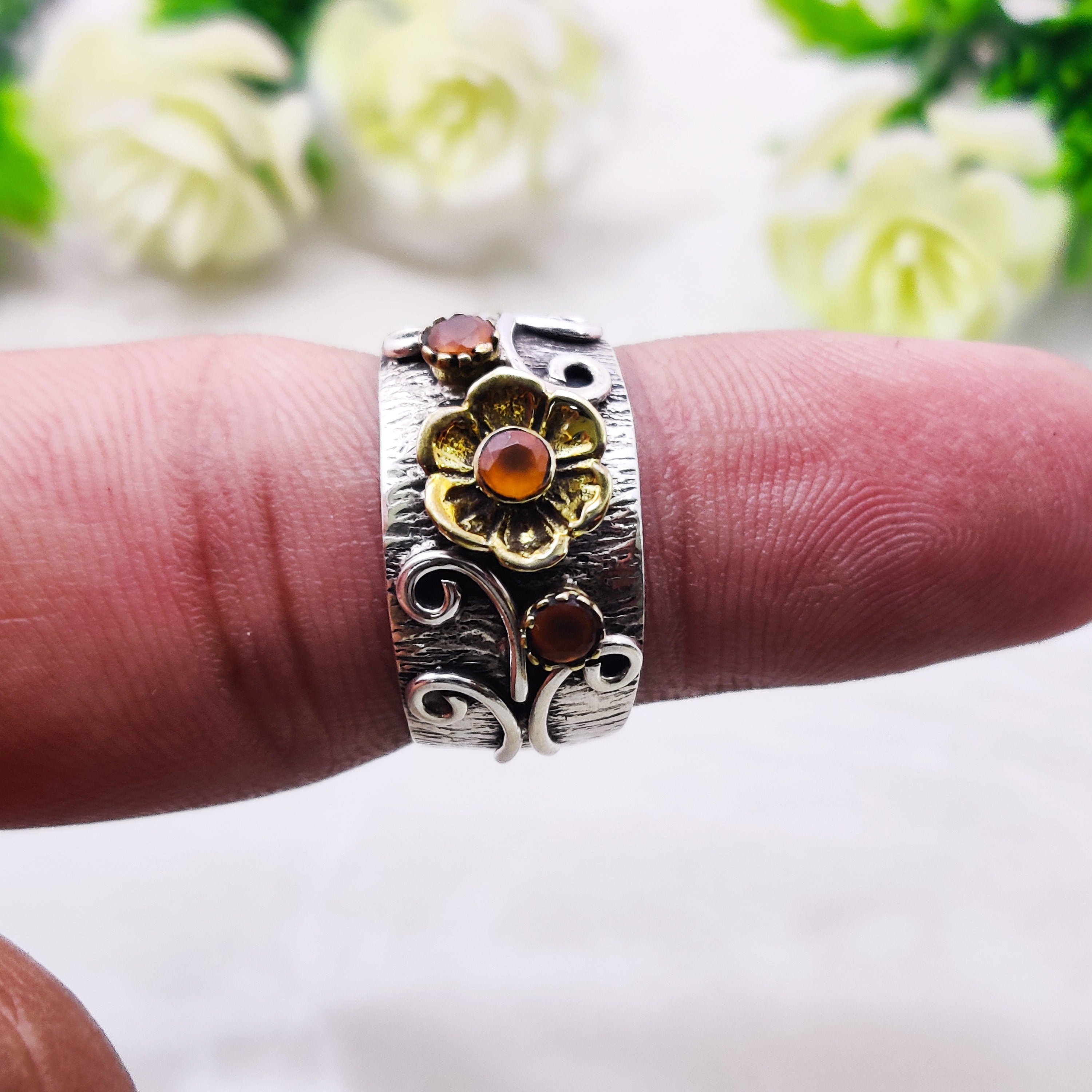 Sterling Silver Natural Carnelian August  BirthStone Boho Ring