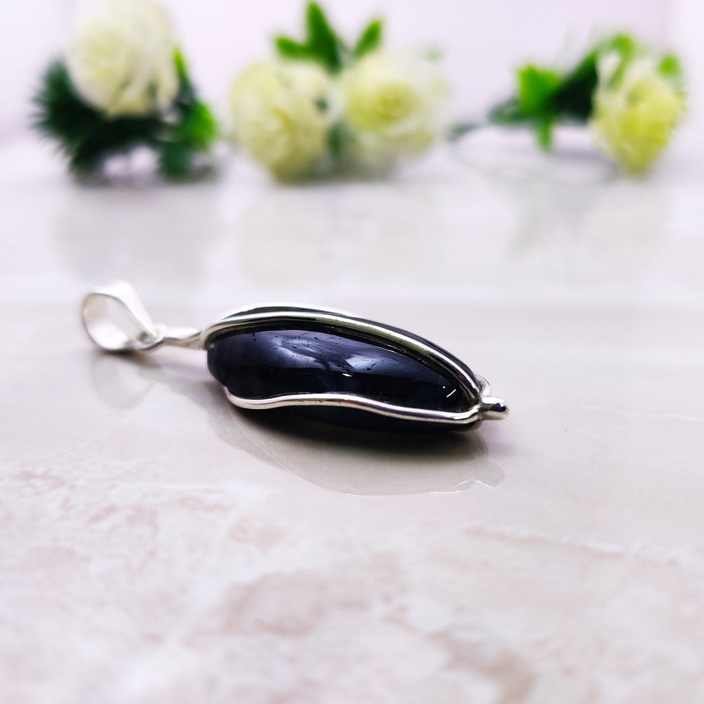 Sterling Silver Natural Black Rutile Boho Large Pendant