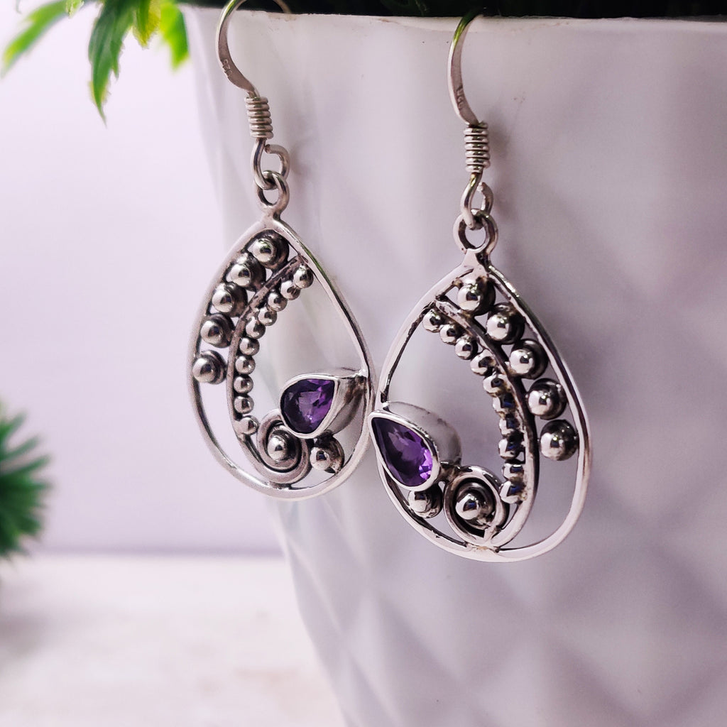 Sterling Silver Natural Amethyst Boho Oxidised Earrings