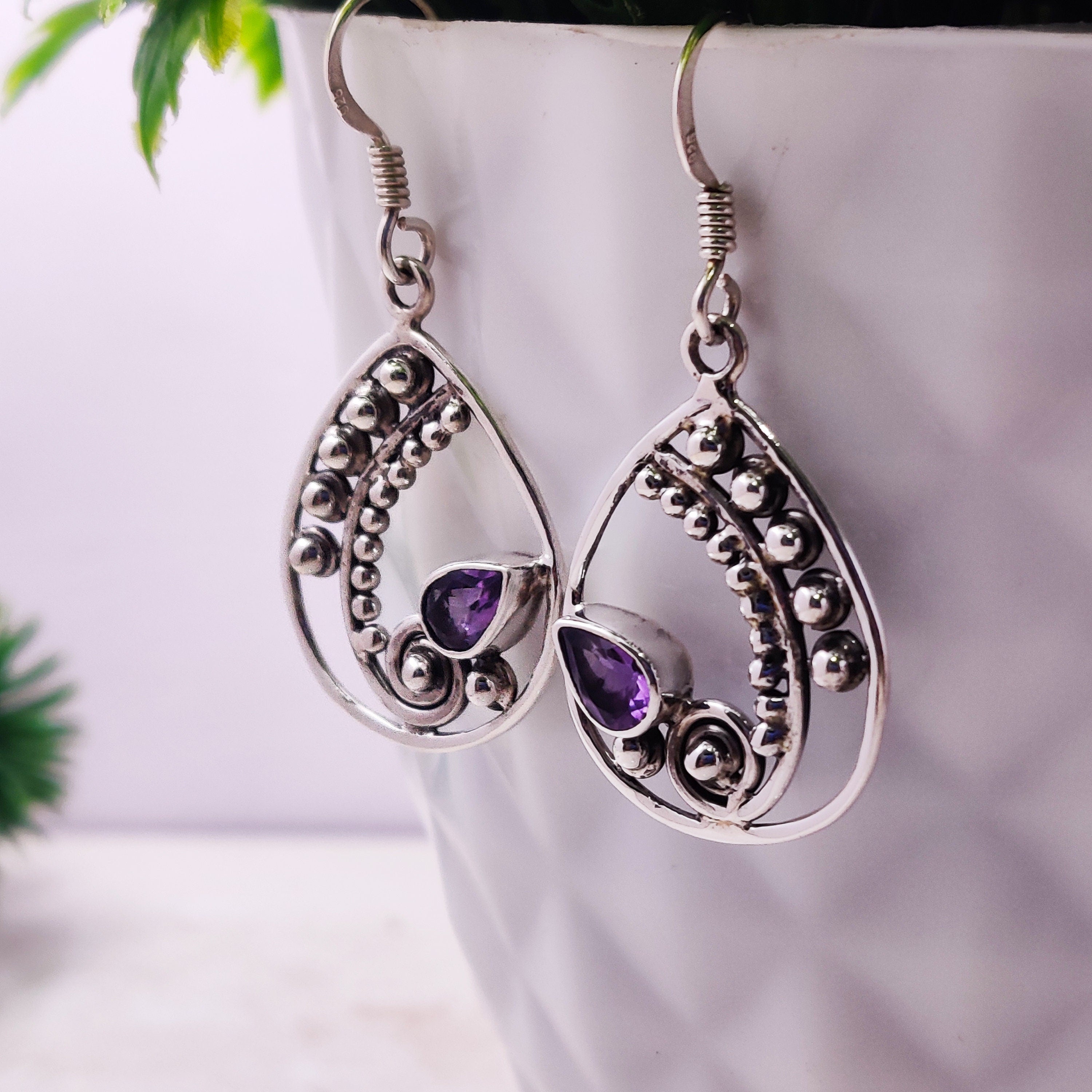 Sterling Silver Natural Amethyst Boho Oxidised Earrings