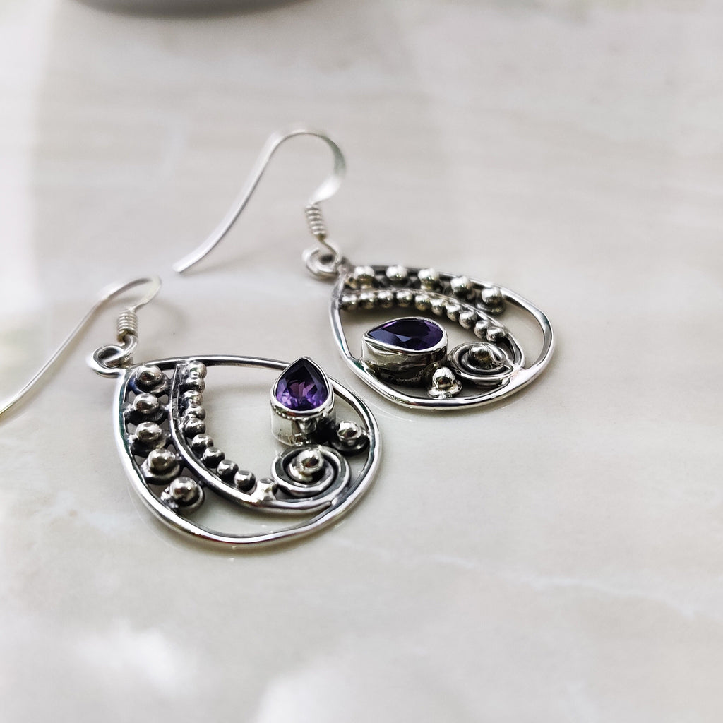 Sterling Silver Natural Amethyst Boho Oxidised Earrings