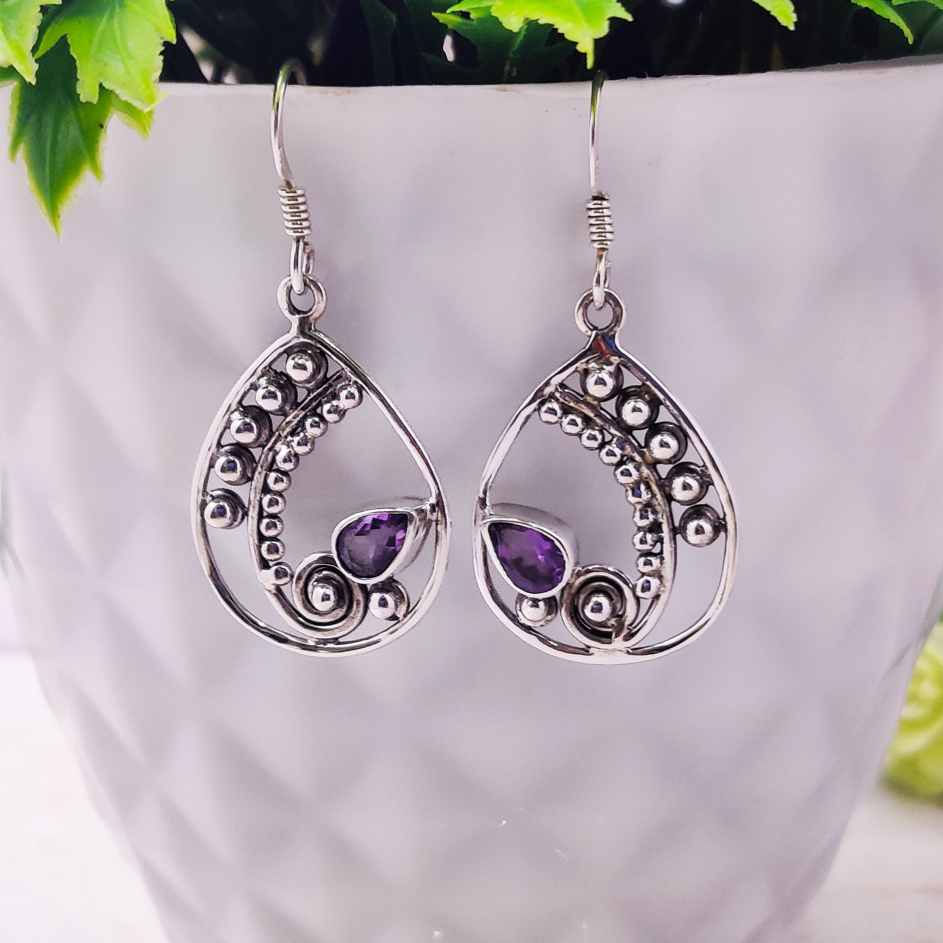 Sterling Silver Natural Amethyst Boho Oxidised Earrings