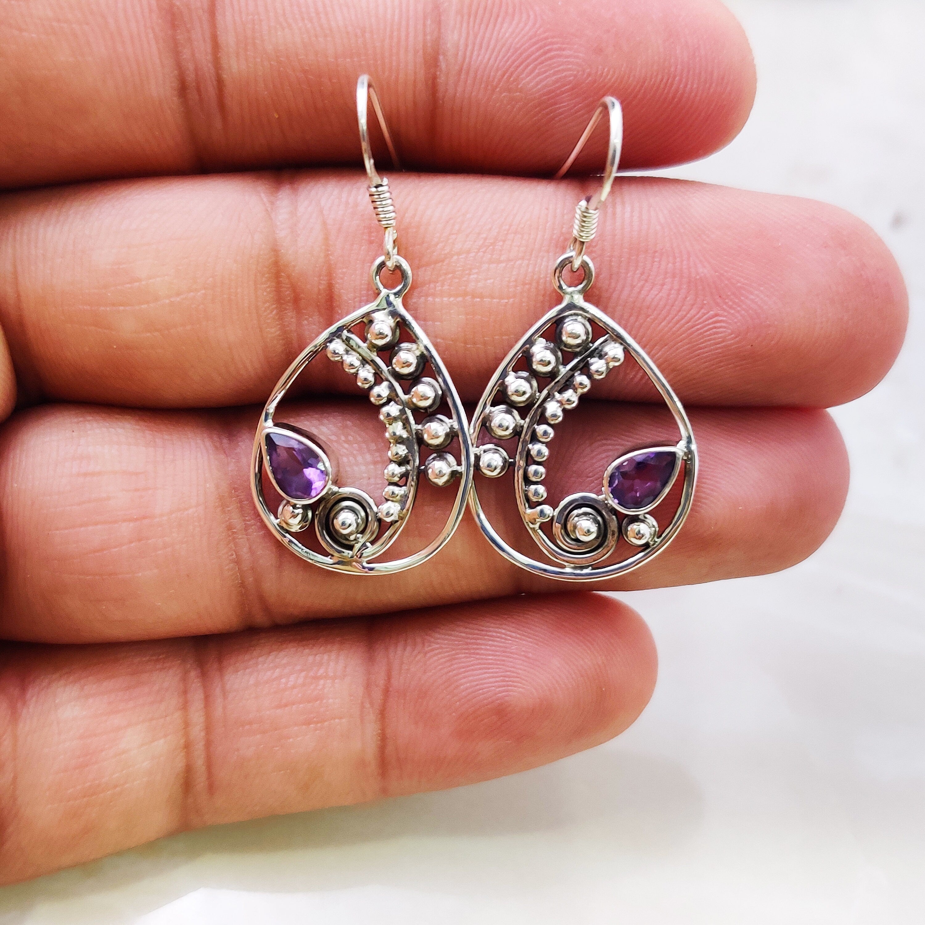 Sterling Silver Natural Amethyst Boho Oxidised Earrings