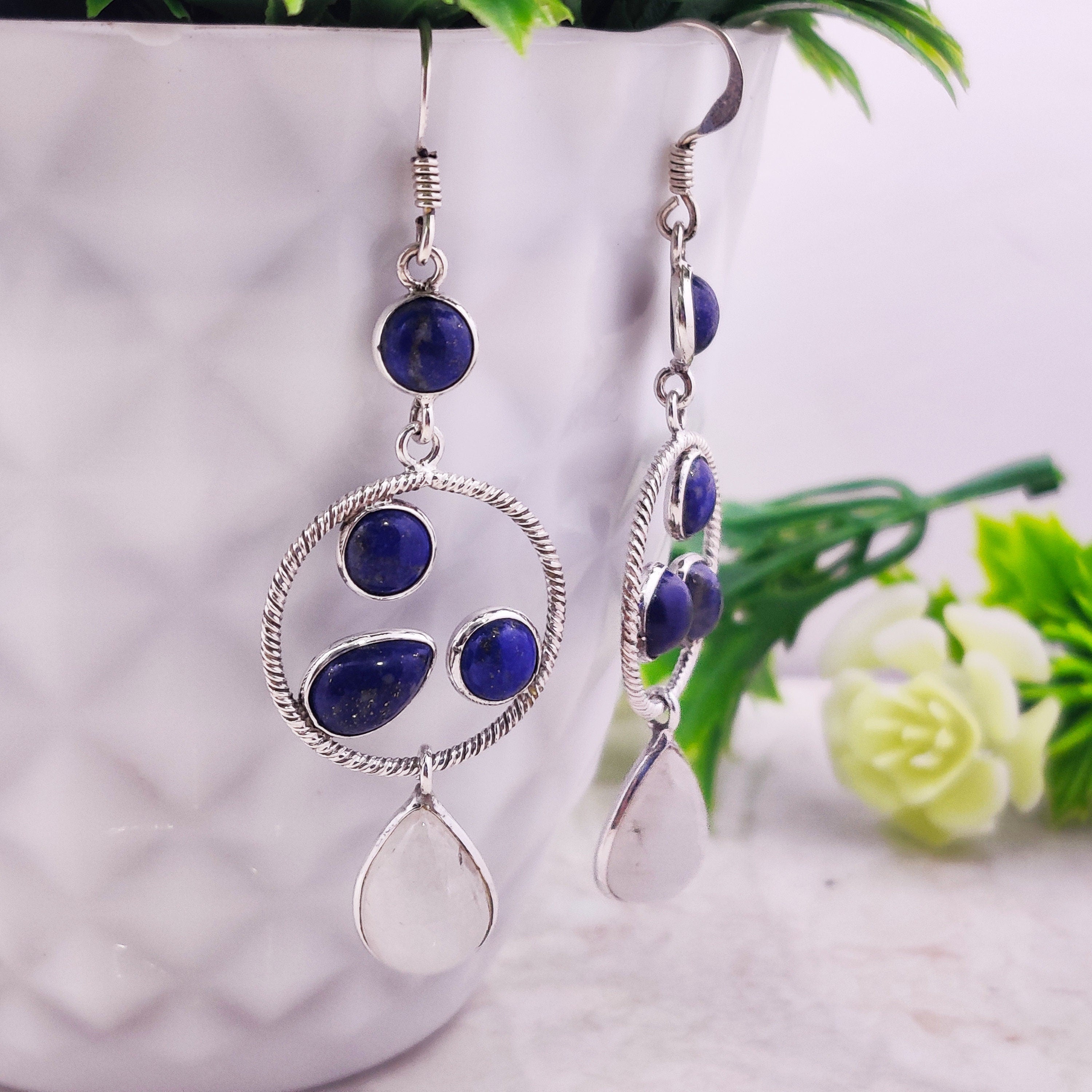 Natural Lapis Lazuli Moonstone  Sterling Silver Boho Oxidised Earrings, Moonstone Earrings, Lapis Lazuli Earrings, Healing Gemstones