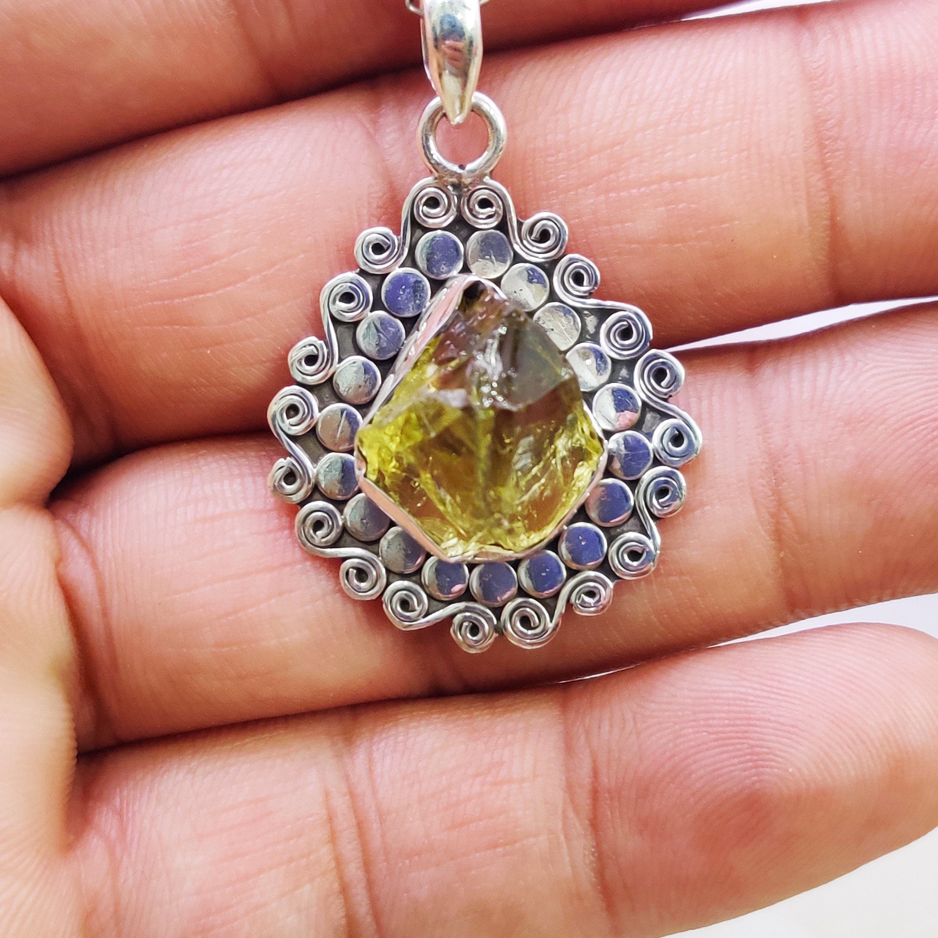 Sterling Silver Natural Citrin  Drusy  Raw Boho Pendant