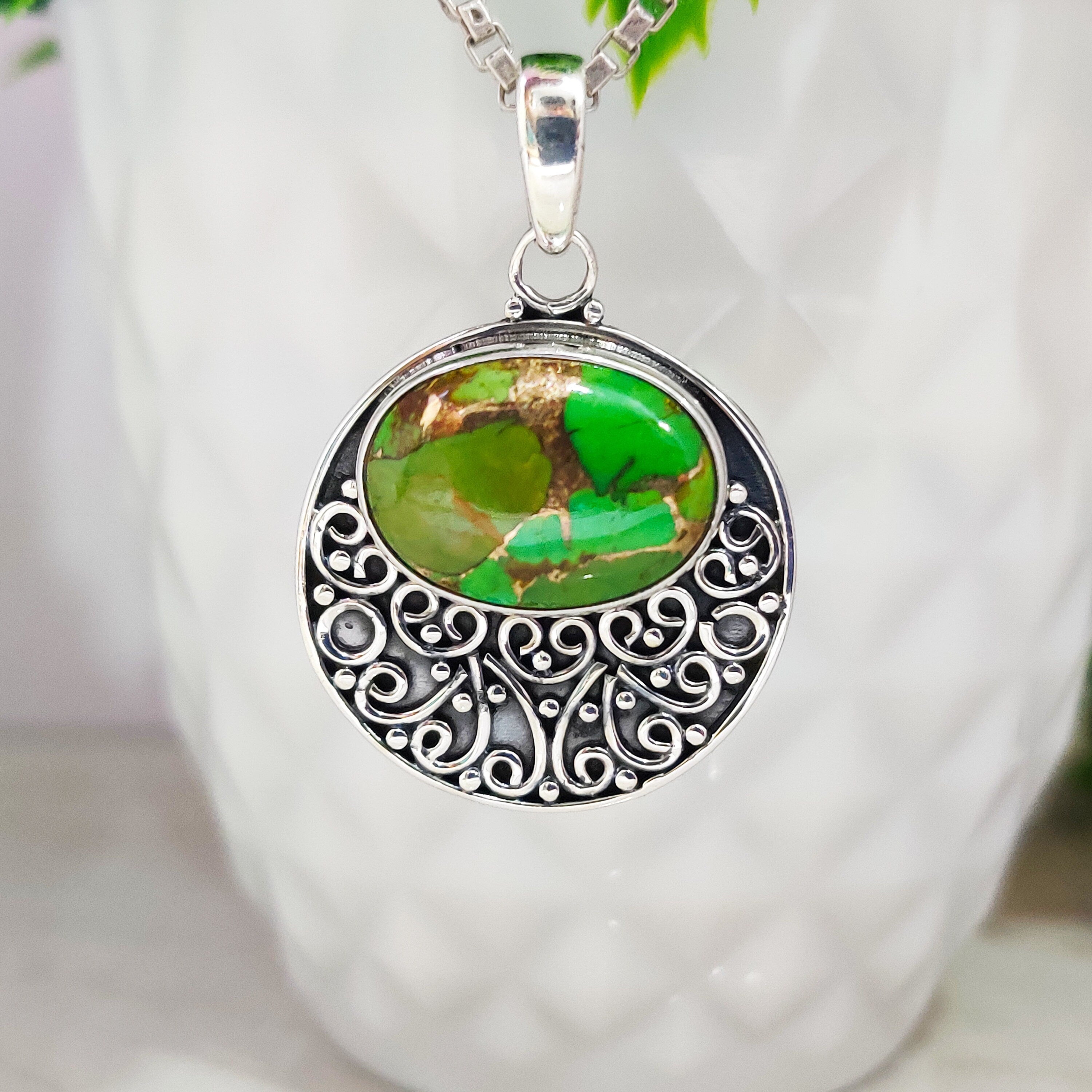 Sterling Silver Natural Copper Green Turquoise December BirthStone Boho Pendant