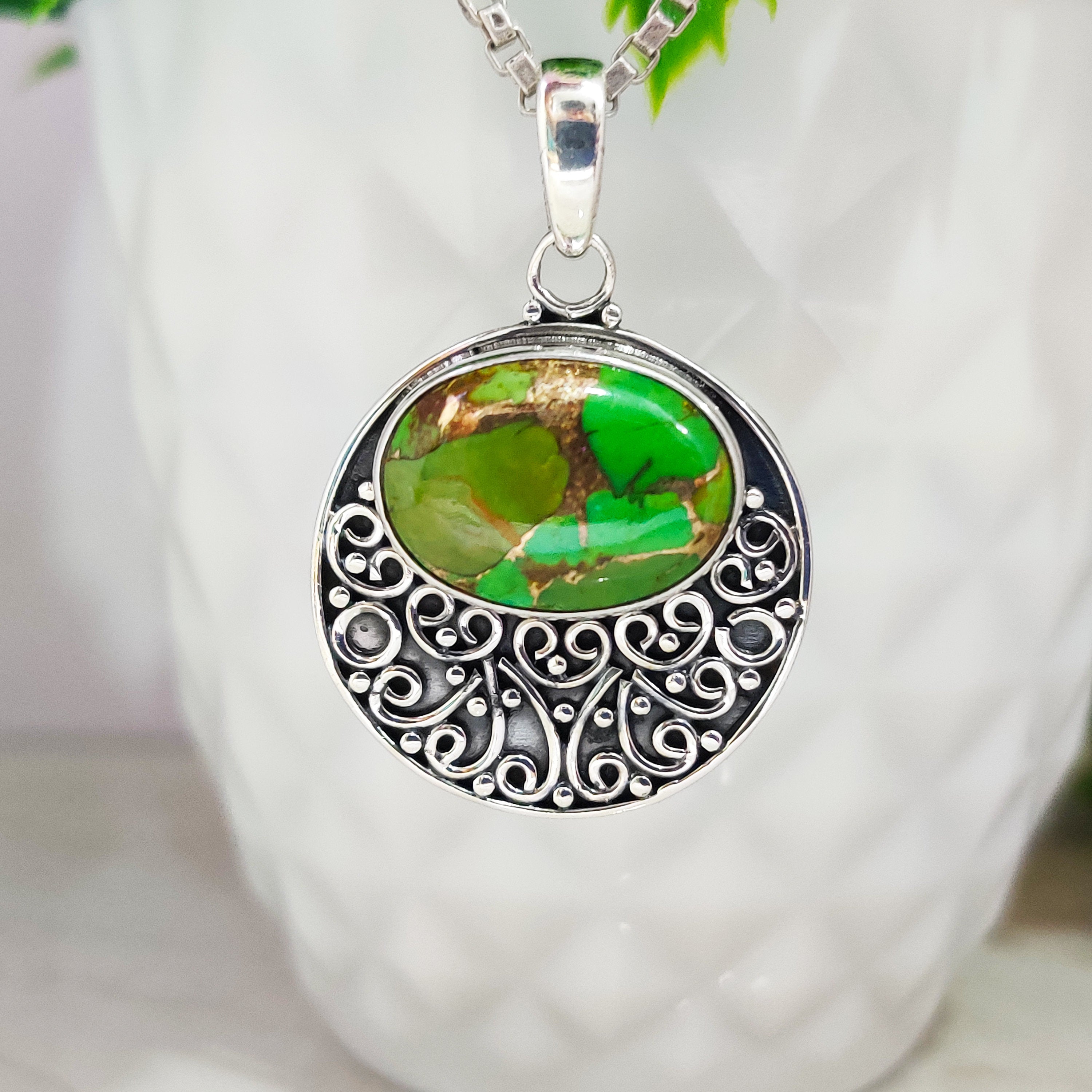 Sterling Silver Natural Copper Green Turquoise December BirthStone Boho Pendant
