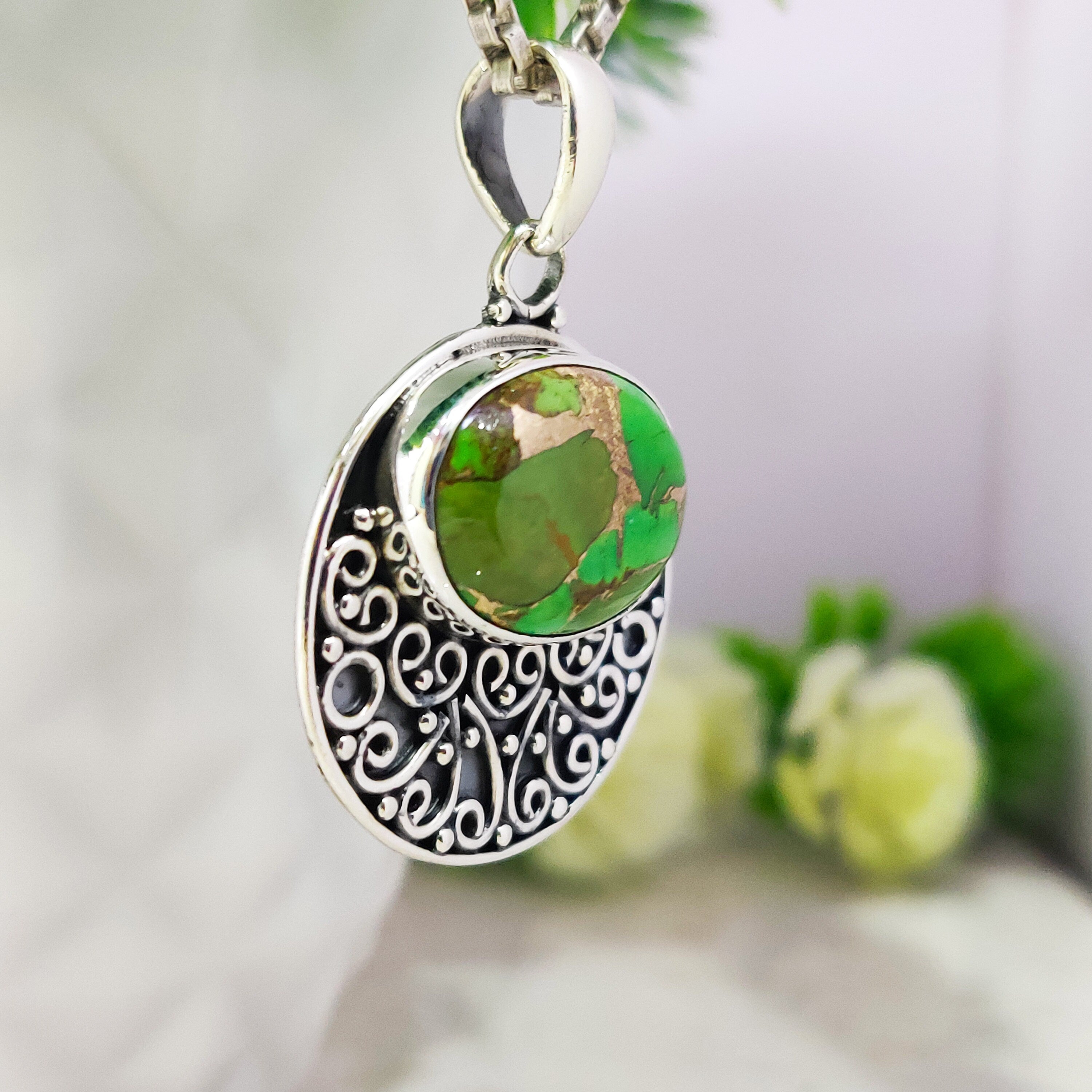Sterling Silver Natural Copper Green Turquoise December BirthStone Boho Pendant