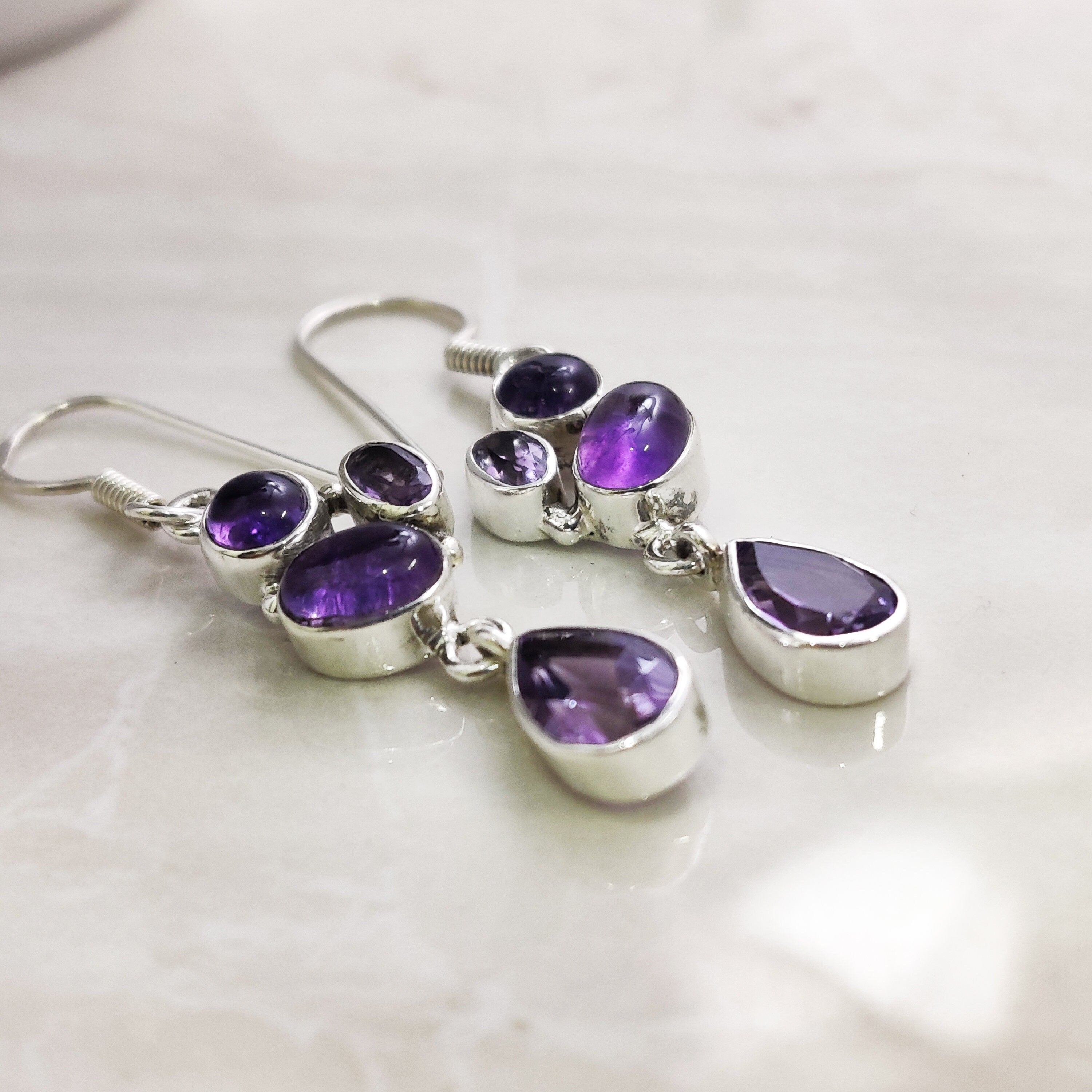 Sterling Silver Natural Amethyst Boho Teardrop Drop Earrings