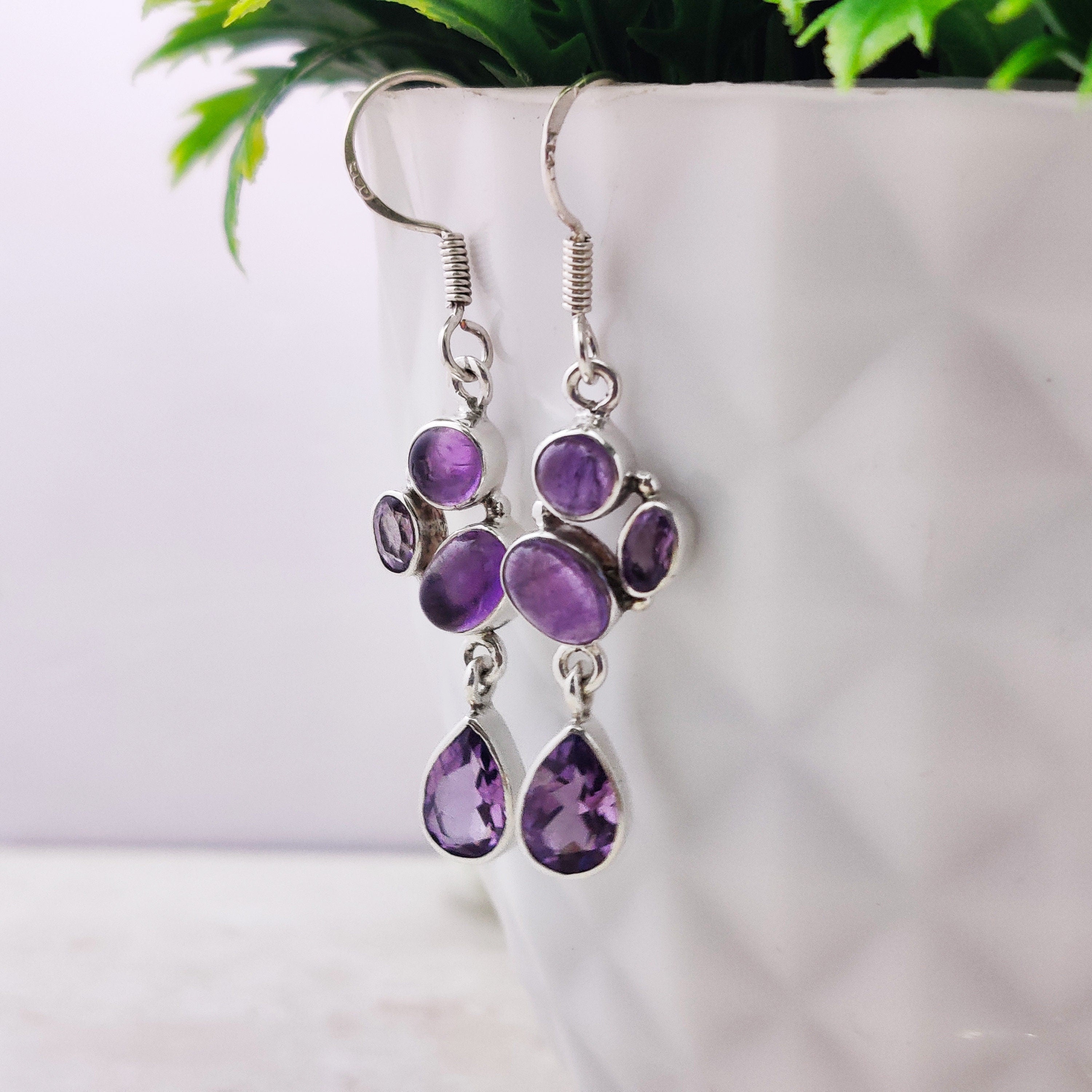 Sterling Silver Natural Amethyst Boho Teardrop Drop Earrings