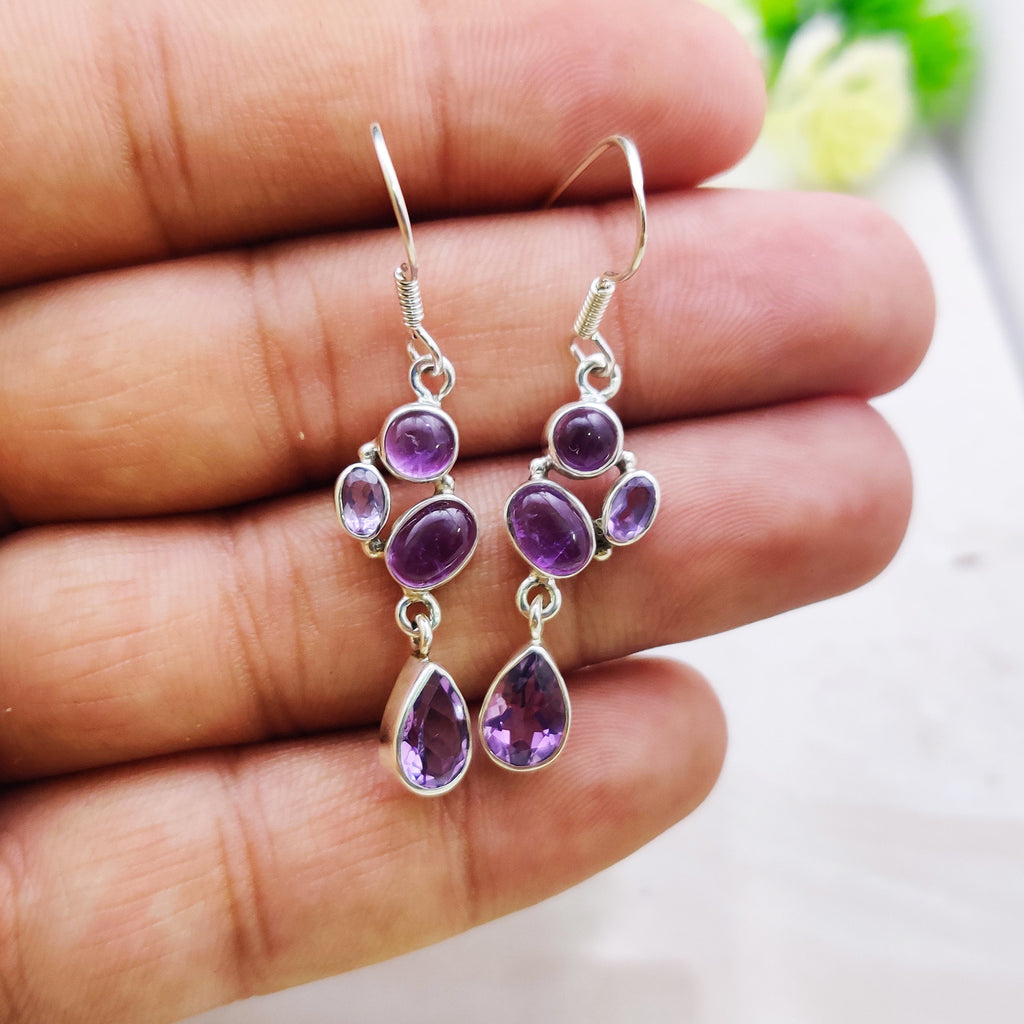 Sterling Silver Natural Amethyst Boho Teardrop Drop Earrings